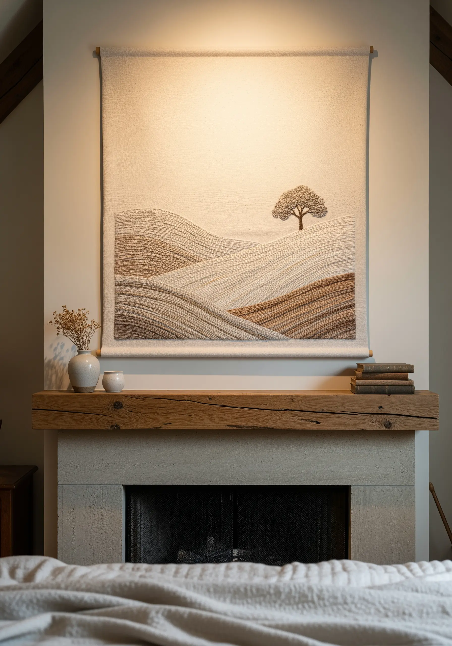 A large textile wall hanging of a landscape with rolling hills, created with directional stitches.