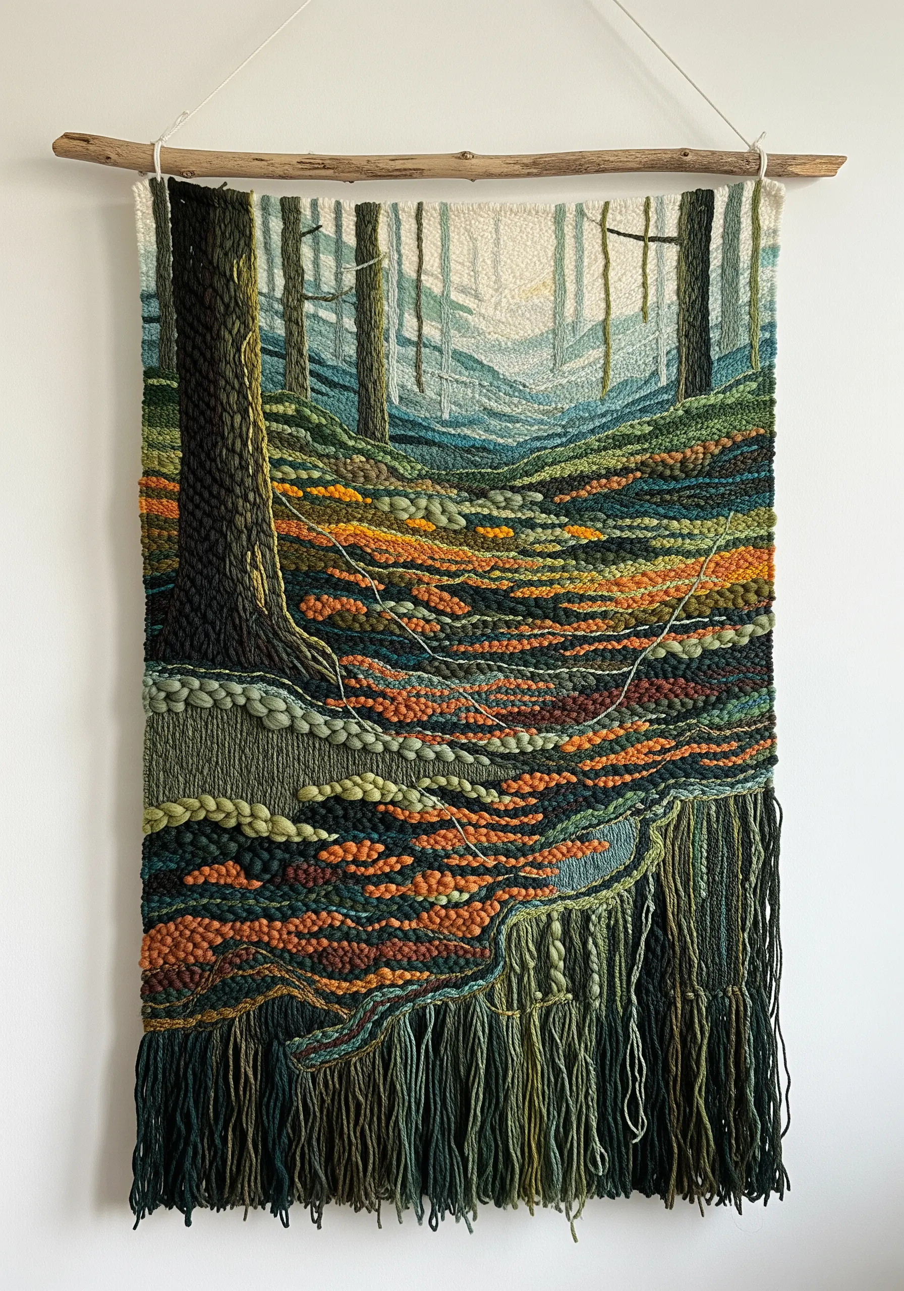 A large, textural woven and embroidered wall hanging depicting a dense, colorful forest floor.