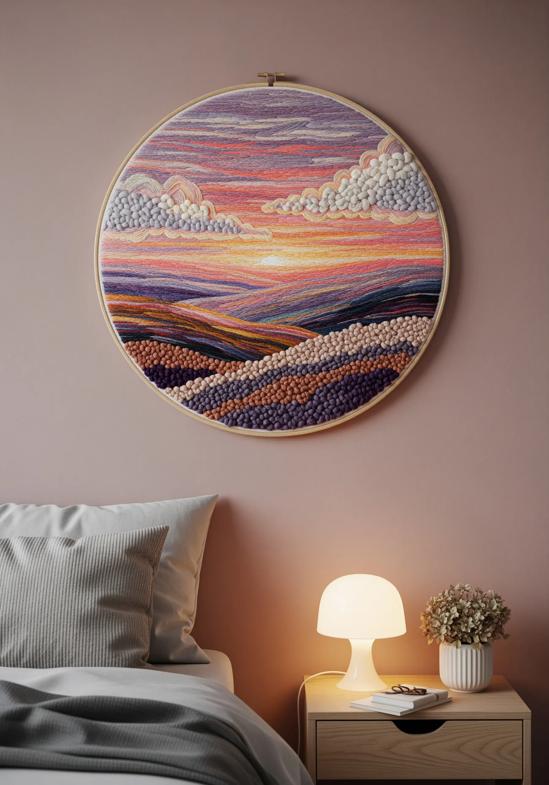A highly textured embroidery landscape of a sunset with French knot clouds and satin-stitched hills.