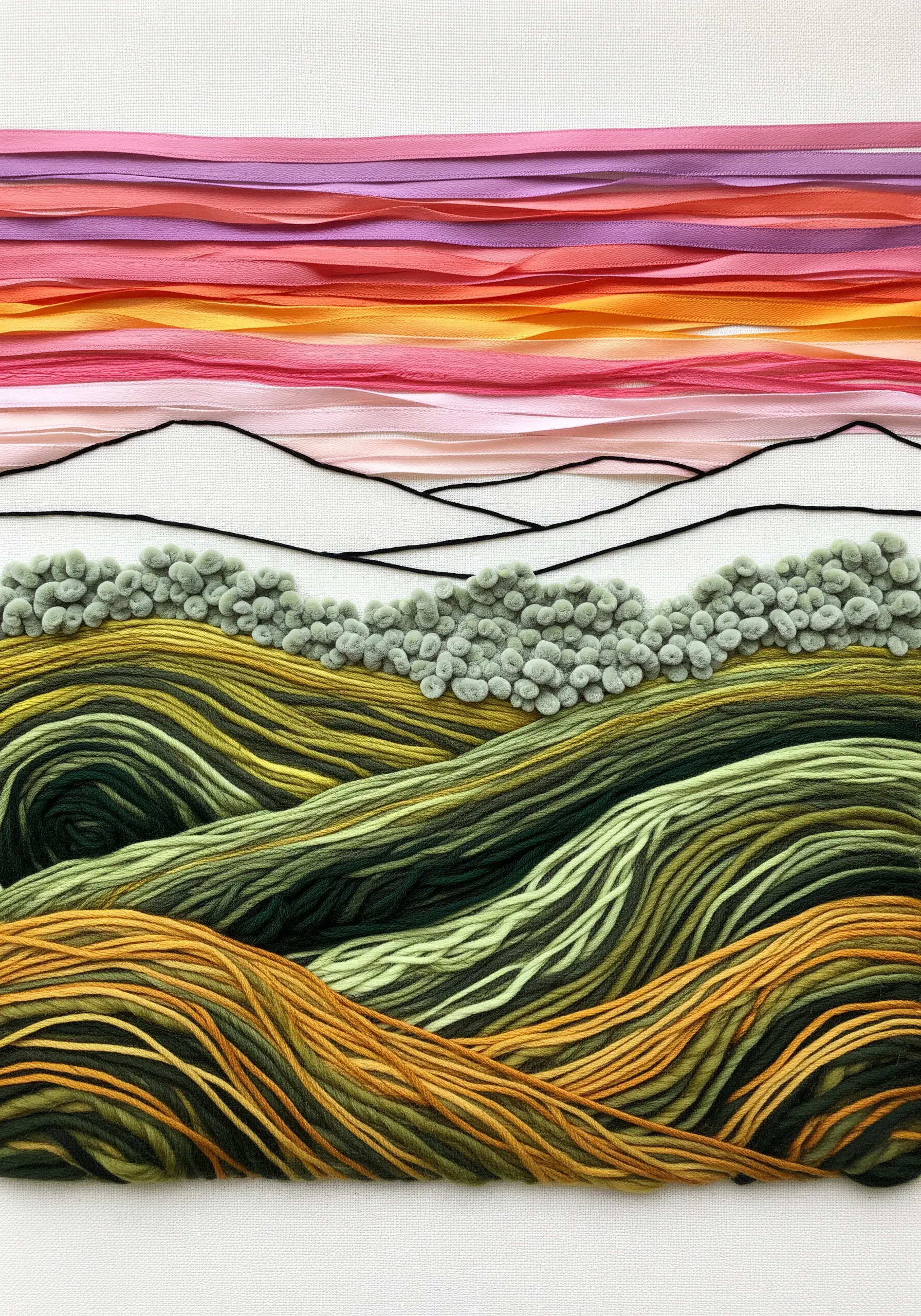 Abstract landscape embroidery using couched yarn for hills, French knots, and layered ribbon for the sky.