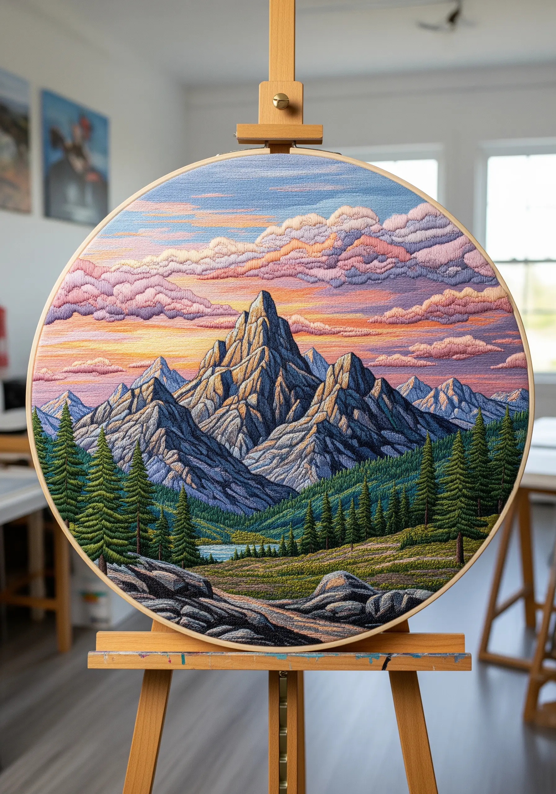 A large embroidery hoop showing a detailed, thread-painted mountain landscape at sunset.