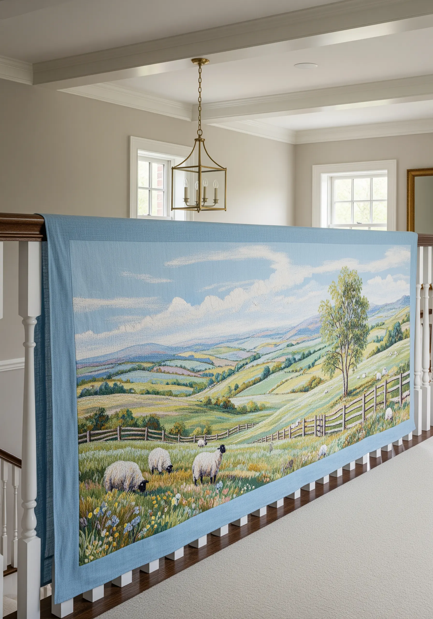 A large, tapestry-style embroidered landscape of rolling hills and grazing sheep.