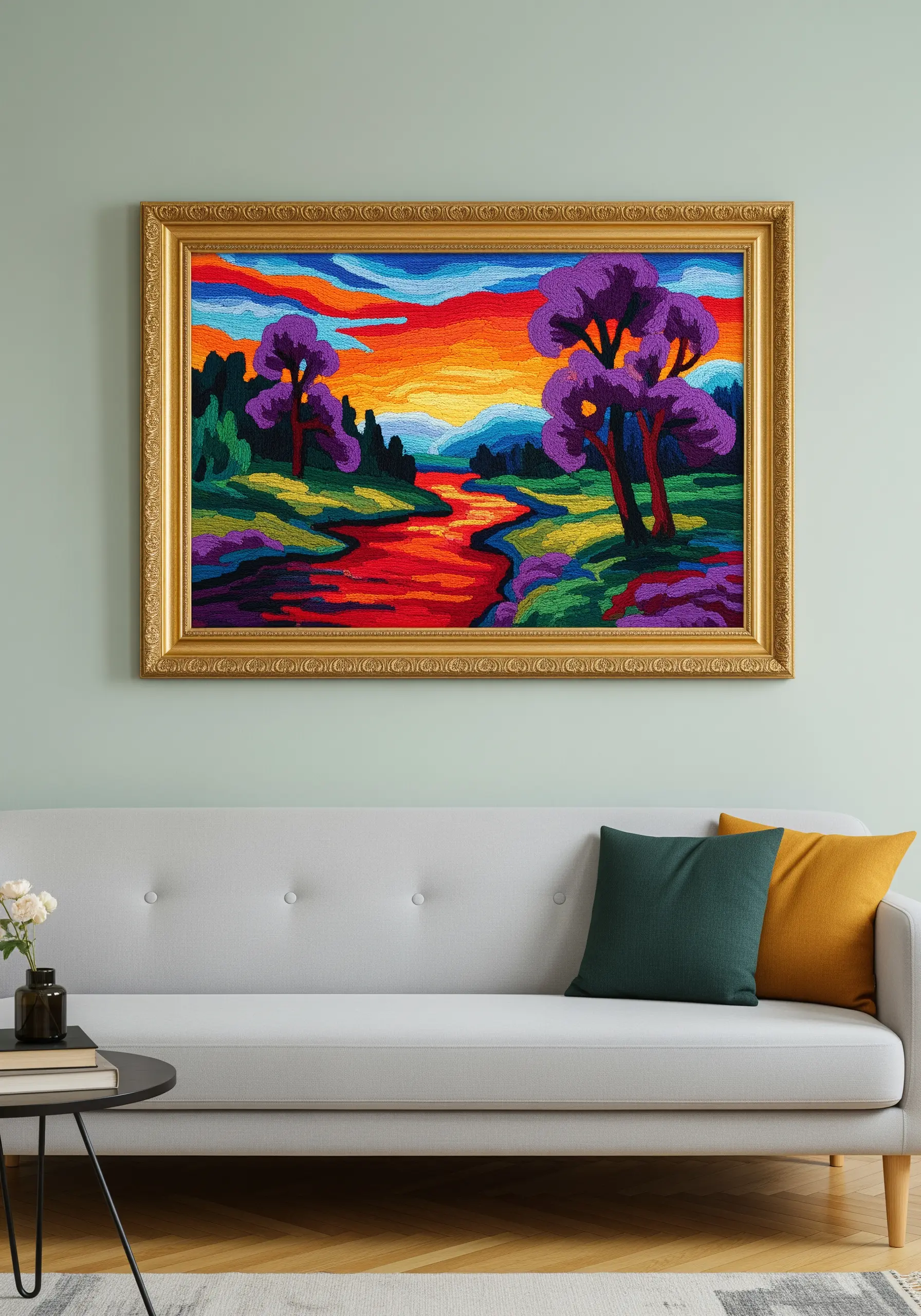A framed, embroidered landscape with purple trees and a vibrant sunset, stitched in a painterly style.
