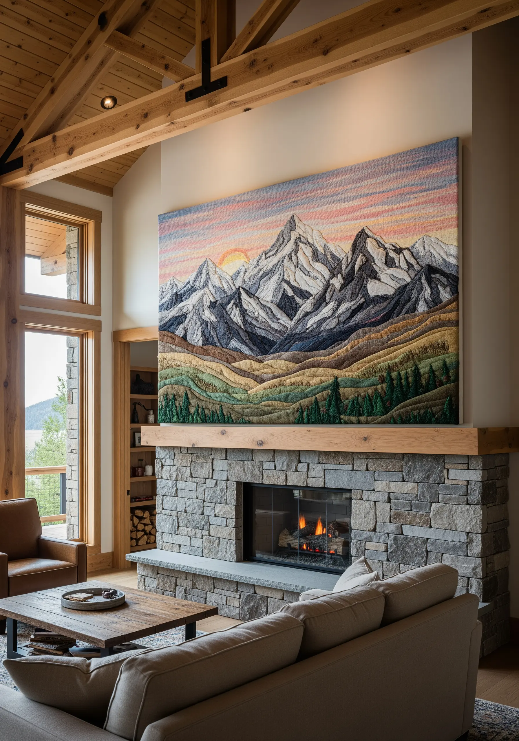 A massive embroidered tapestry of a mountain range hanging above a fireplace