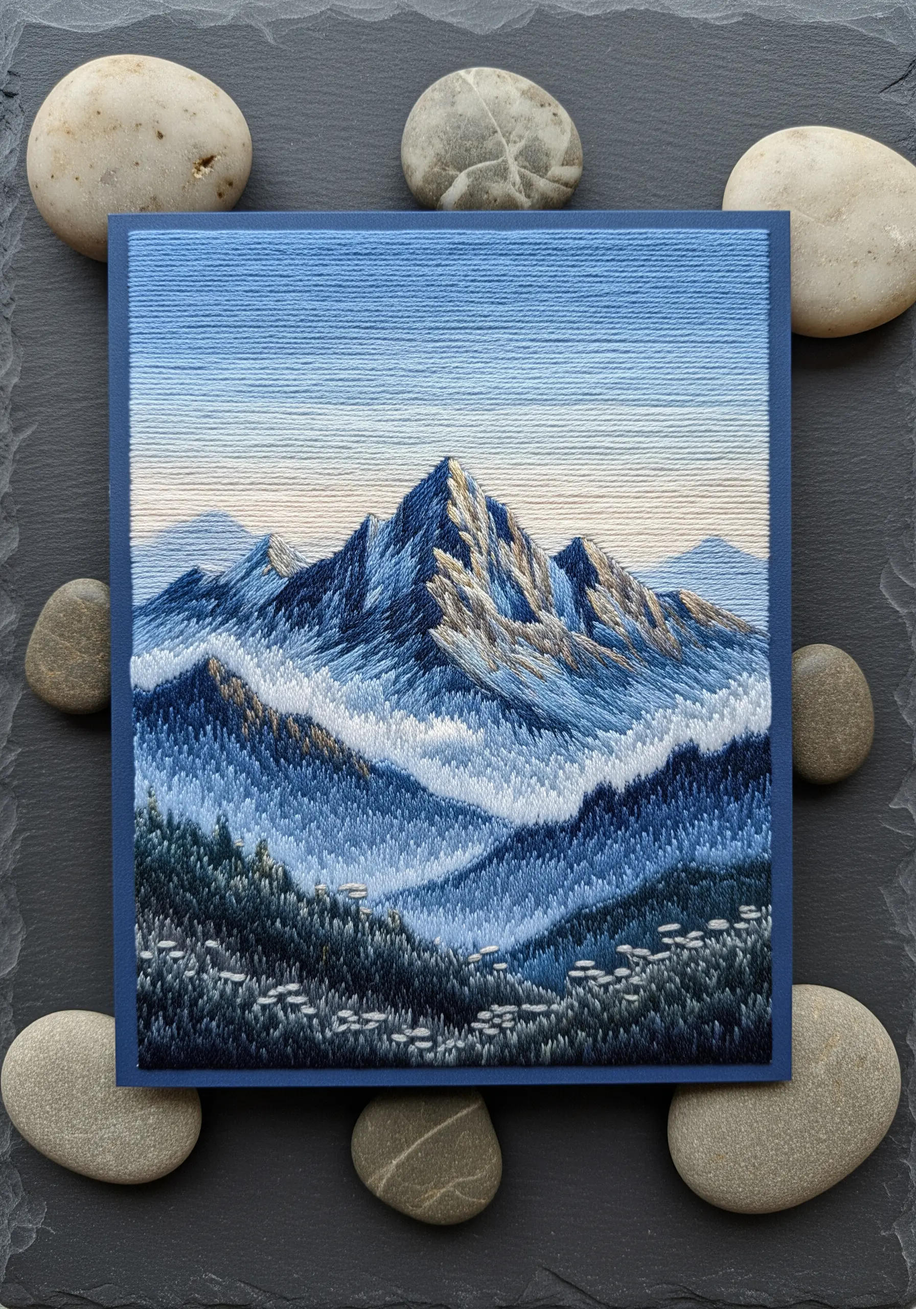 A highly detailed thread-painted landscape of snowy mountains on a blue card.