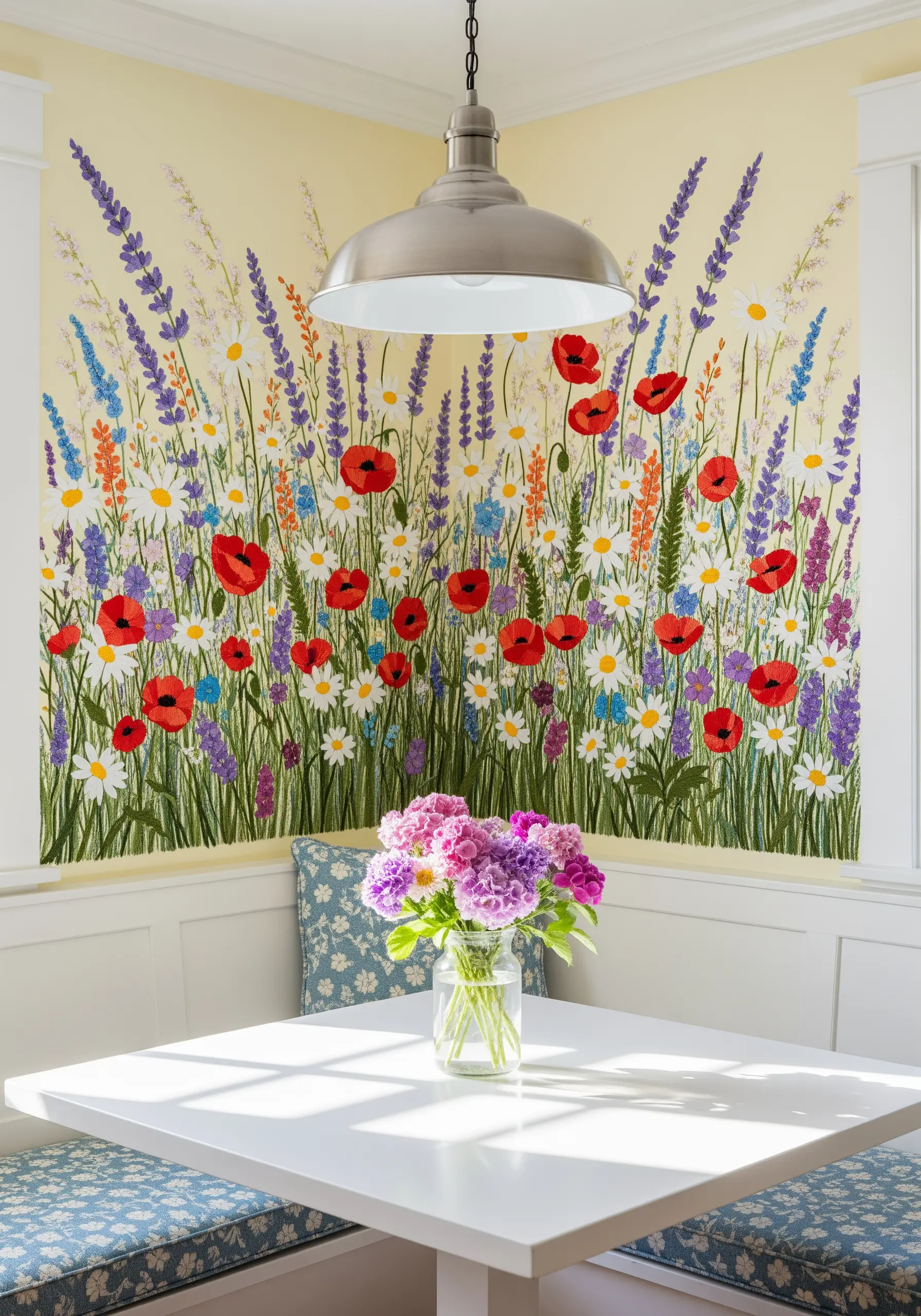 A vibrant embroidered mural of a wildflower meadow in a sunlit breakfast nook.