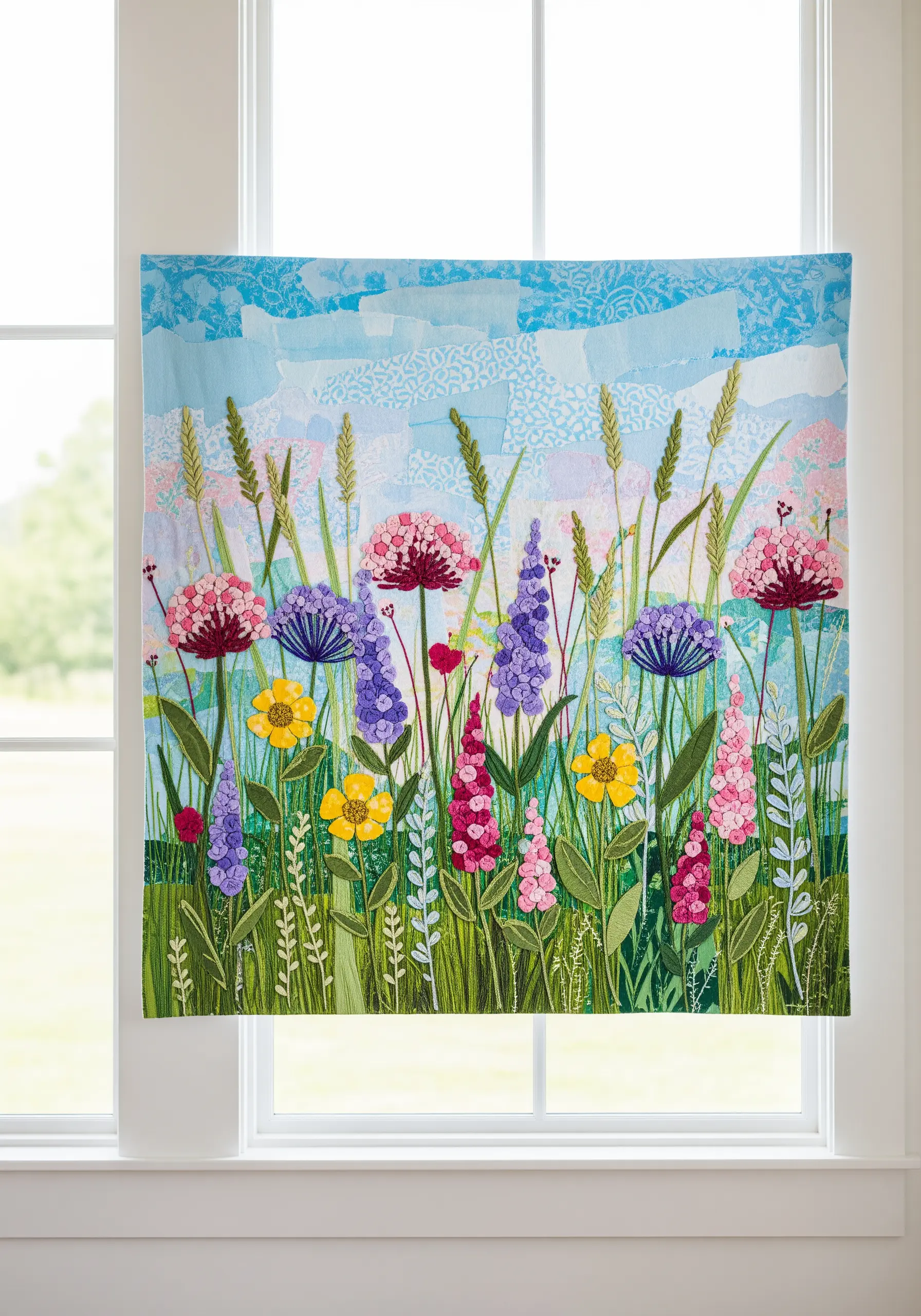 A vibrant wildflower meadow scene created with tiny snippets of collaged fabric.