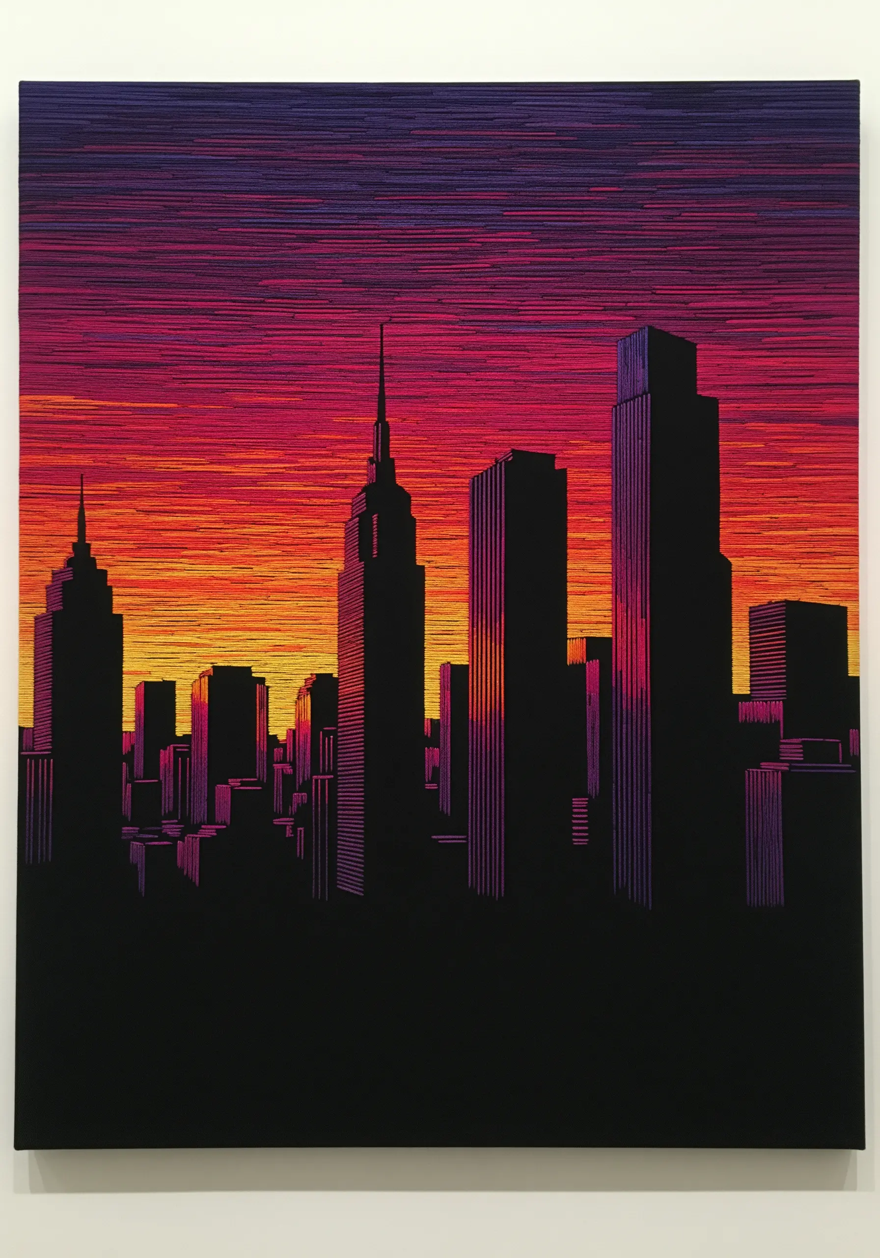 A city skyline in negative space, created by a vibrant, horizontally stitched sunset background.