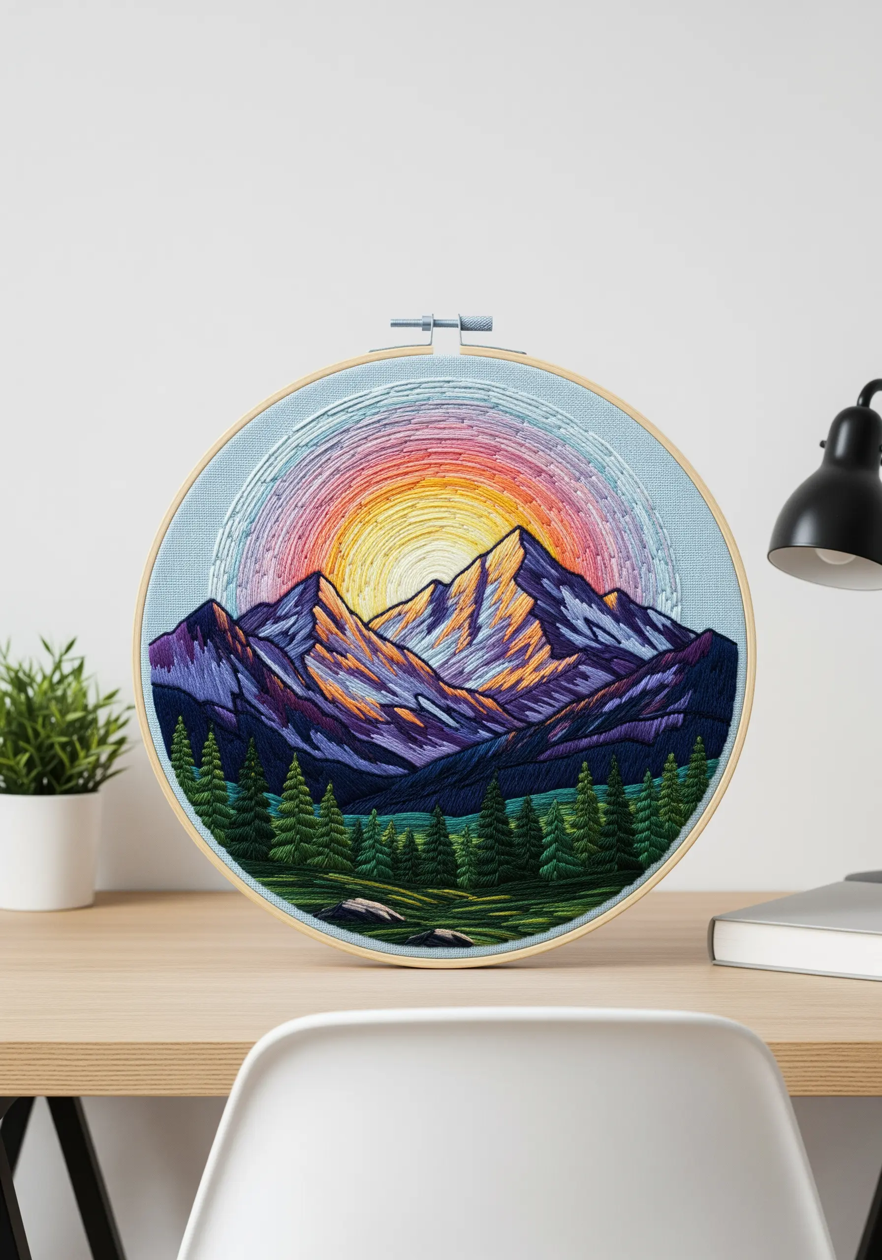 Embroidered mountain landscape with a vibrant, radiating sunset in thread painting style.