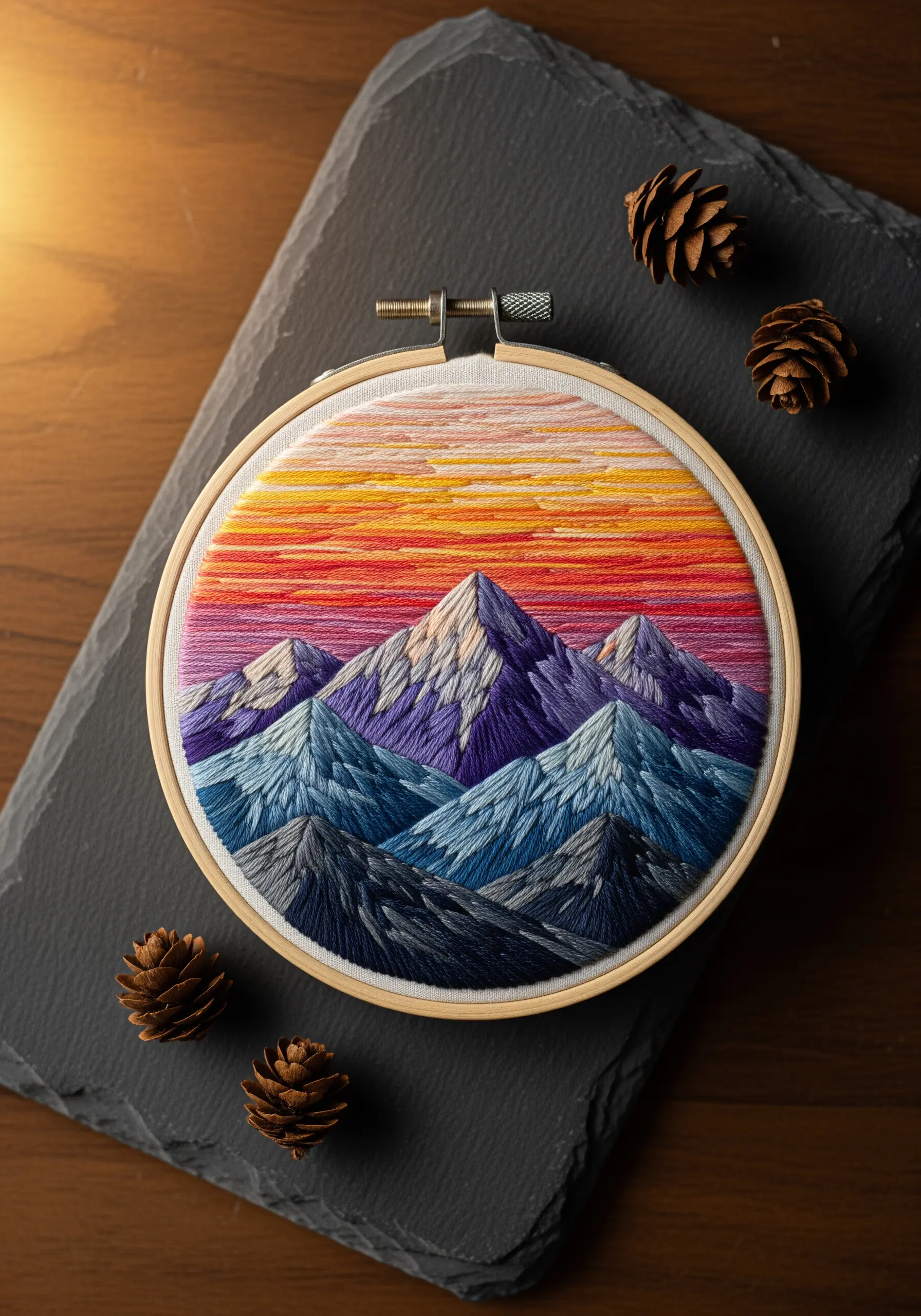 Thread-painted mountain range at sunset with a vibrant, colorful gradient sky.