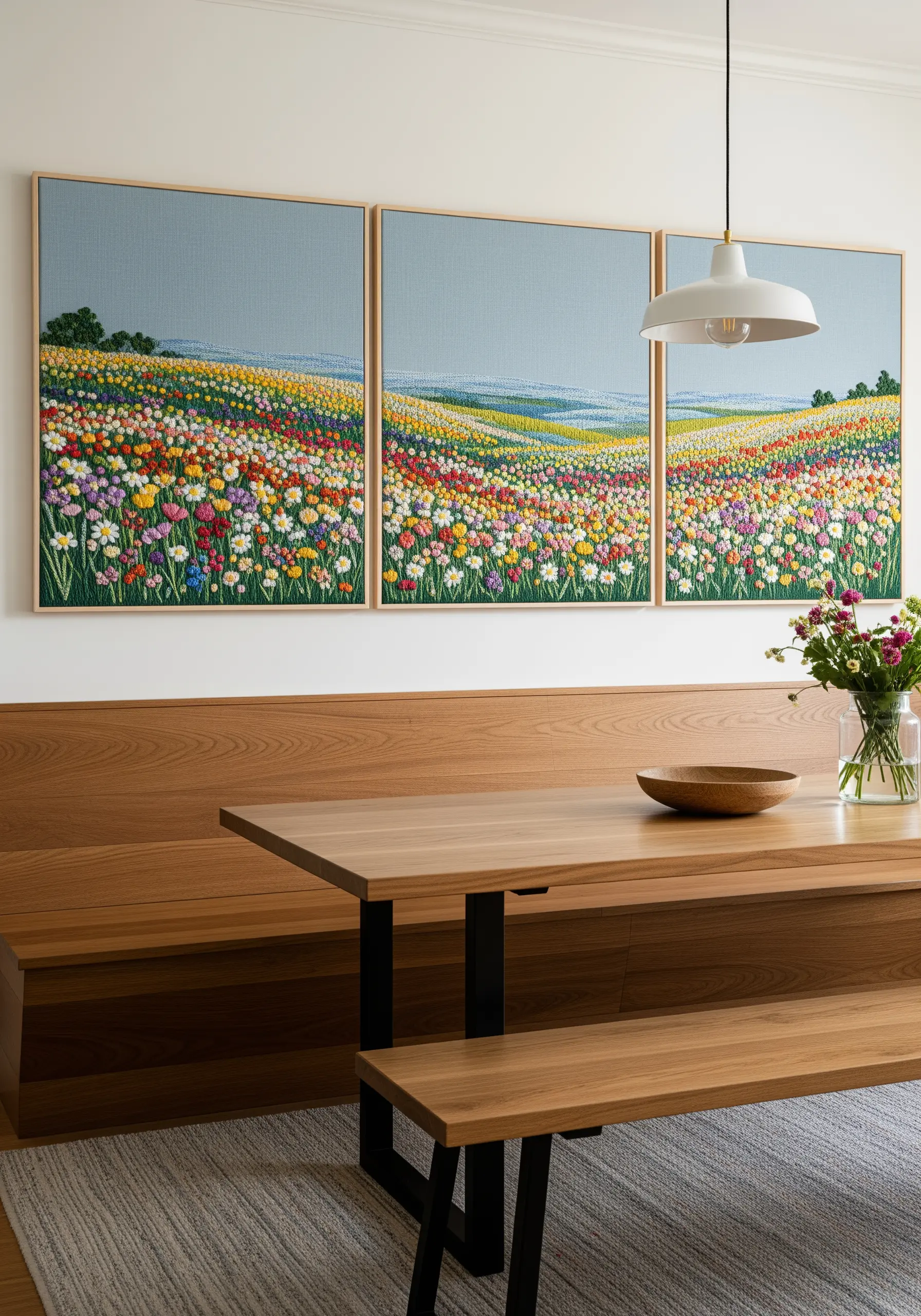 A triptych of three large framed embroideries depicting a vast, colorful wildflower field.