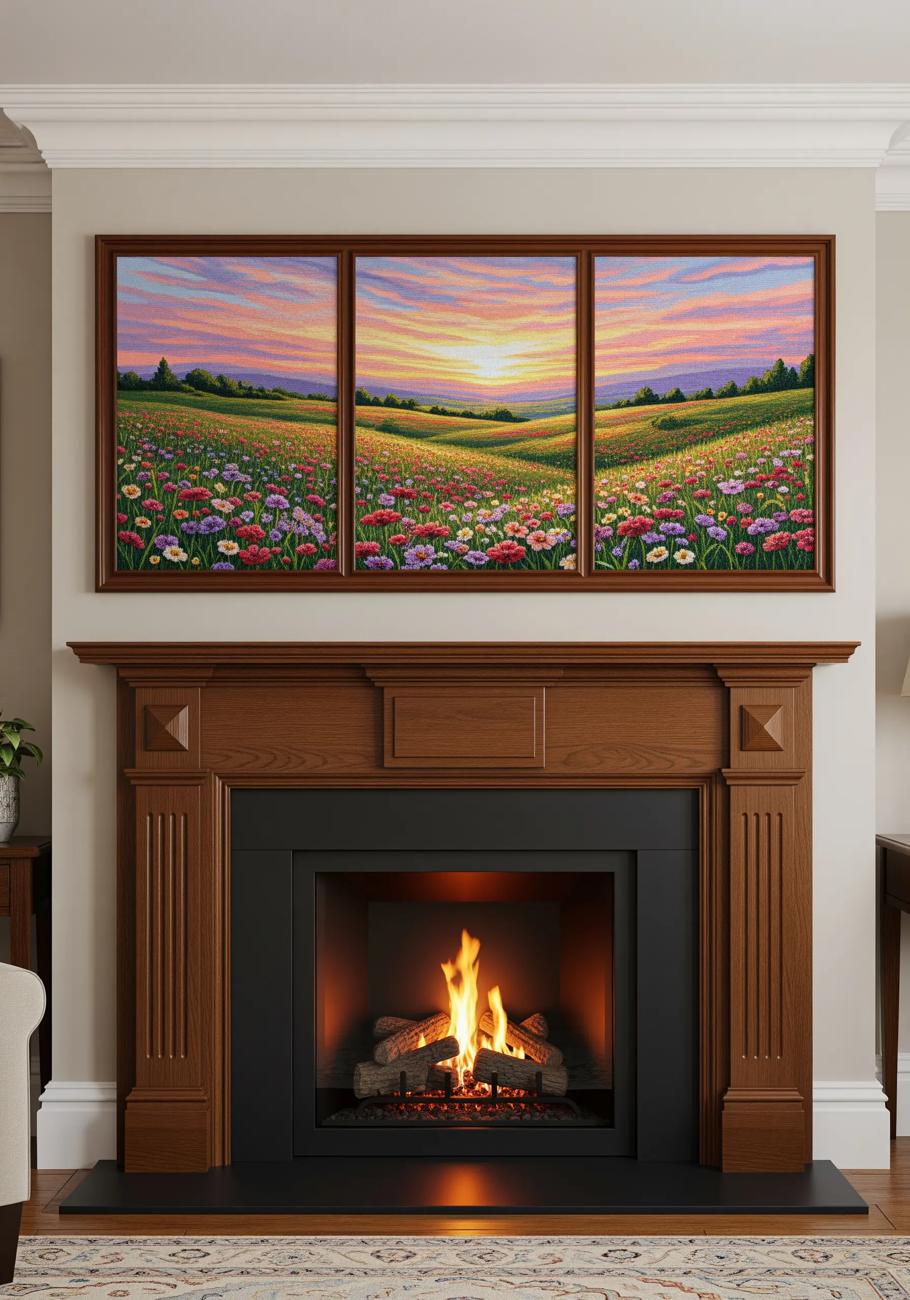A three-panel framed embroidery of a vibrant flower meadow at sunset hanging over a fireplace.