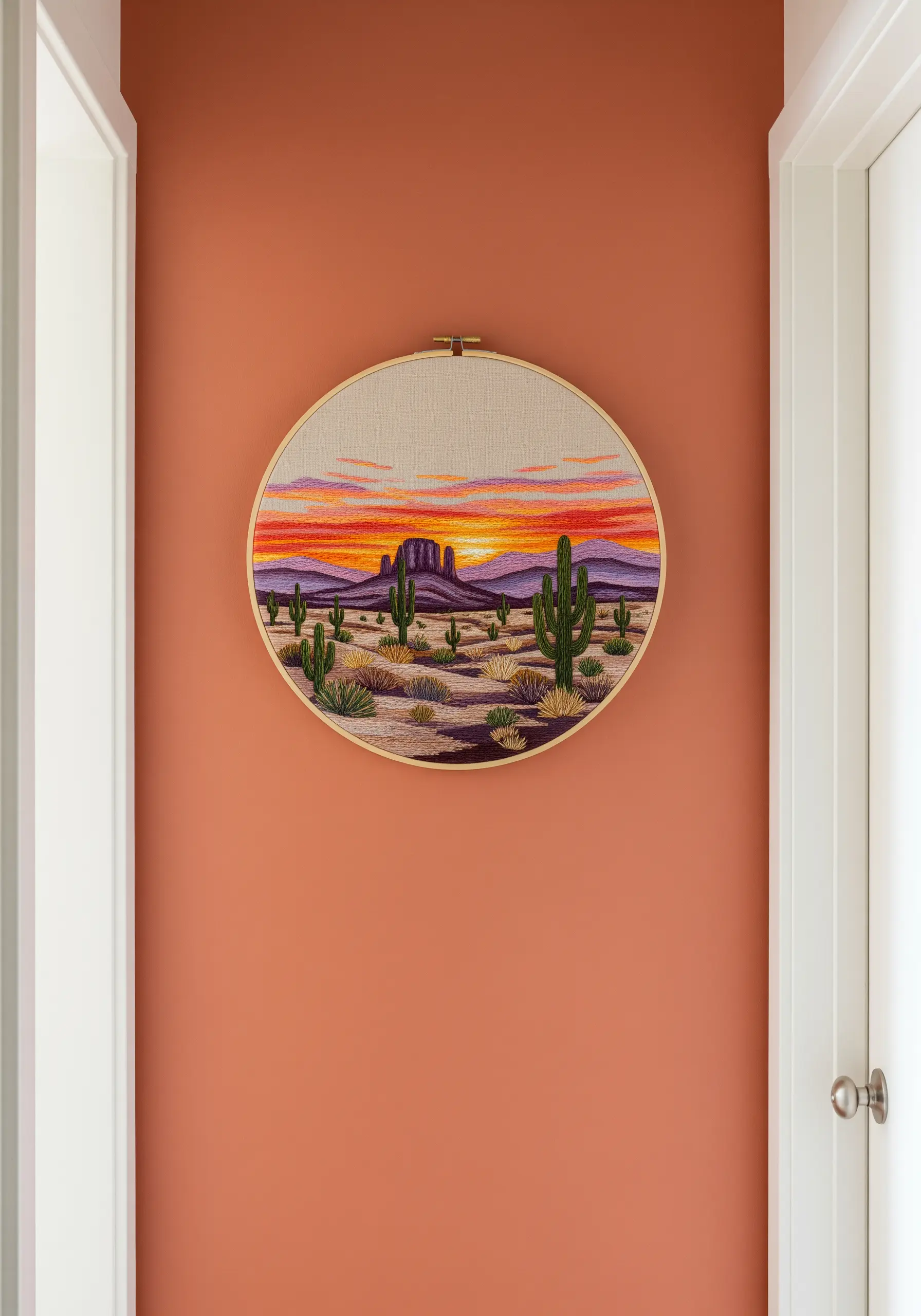 A large embroidery hoop depicting a detailed desert landscape with a vibrant sunset.