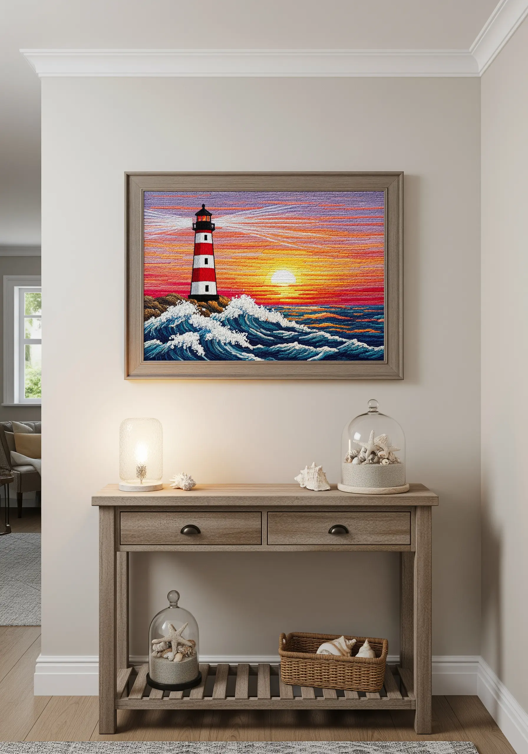 Embroidered lighthouse at sunset with a vibrant, thread-painted sky and waves.