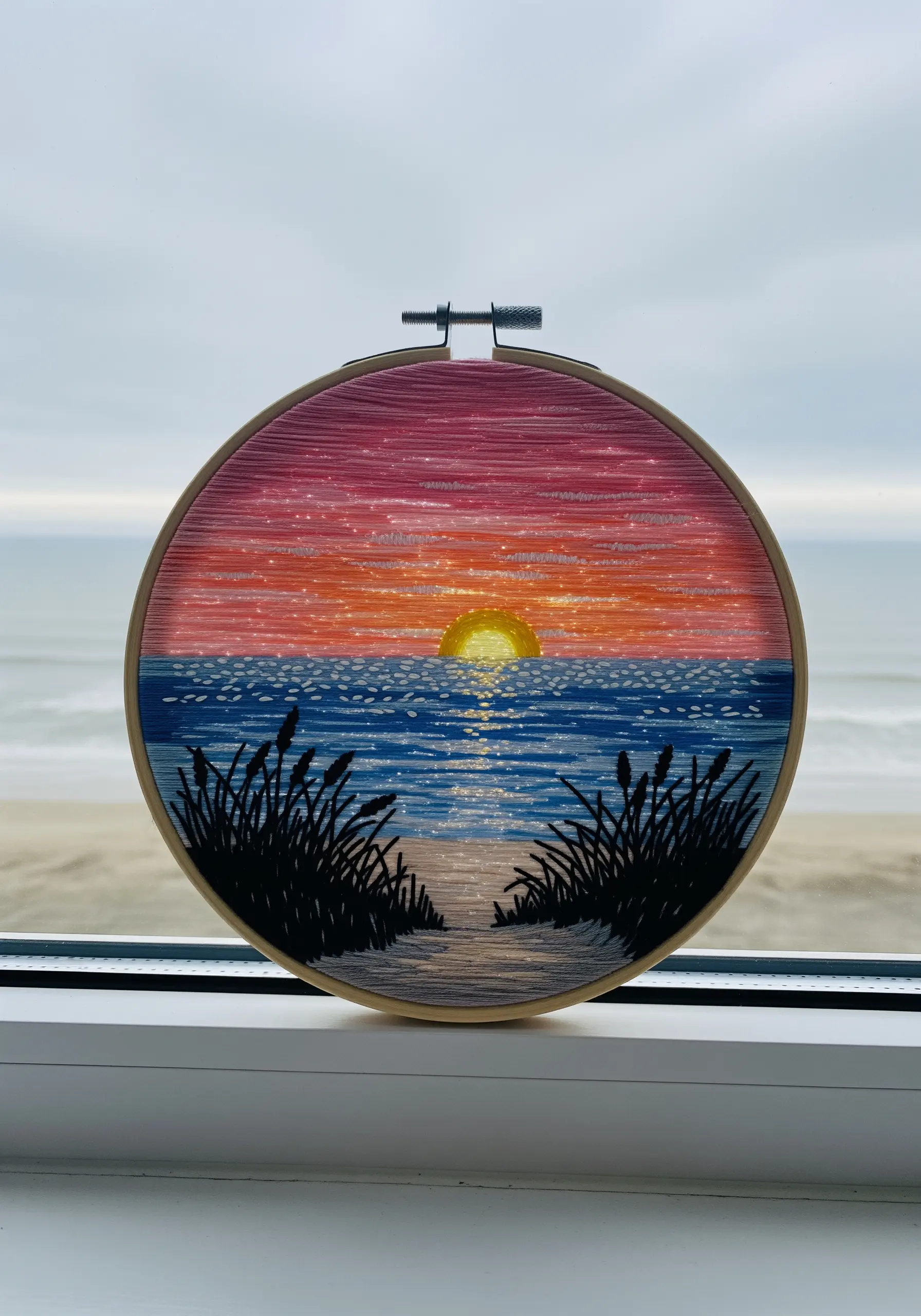 An embroidered sunset over the ocean, filling the entire hoop with colored thread.