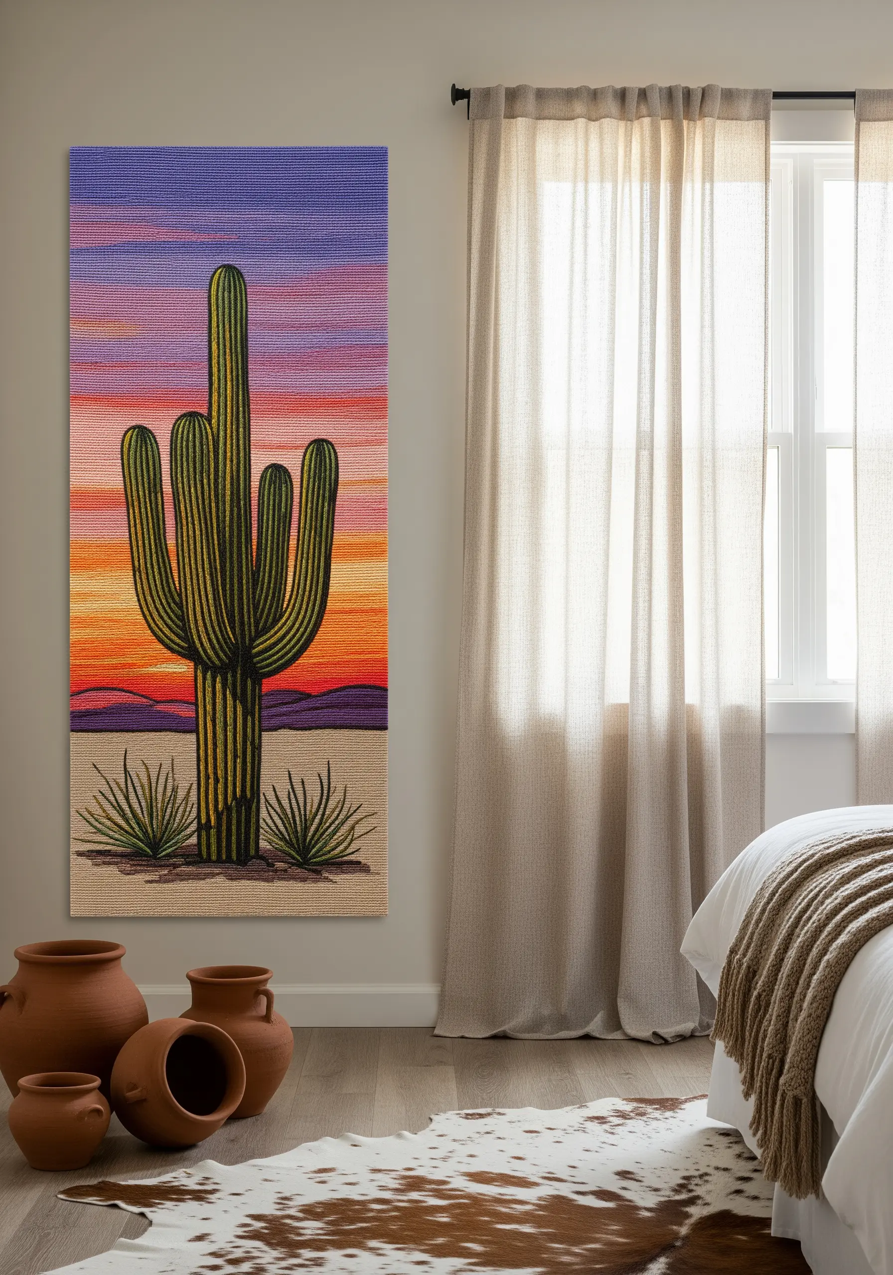 A large embroidered tapestry of a saguaro cactus against a colorful sunset.