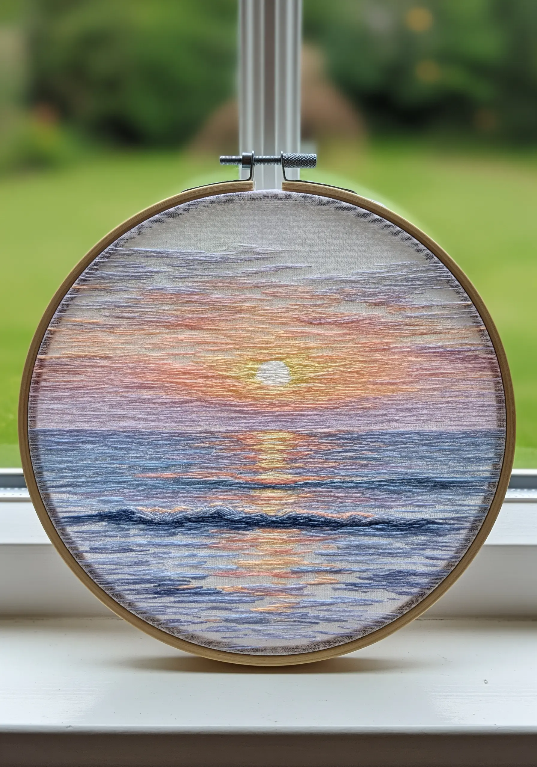 A painterly embroidery of a sunset over water, using horizontal thread blending
