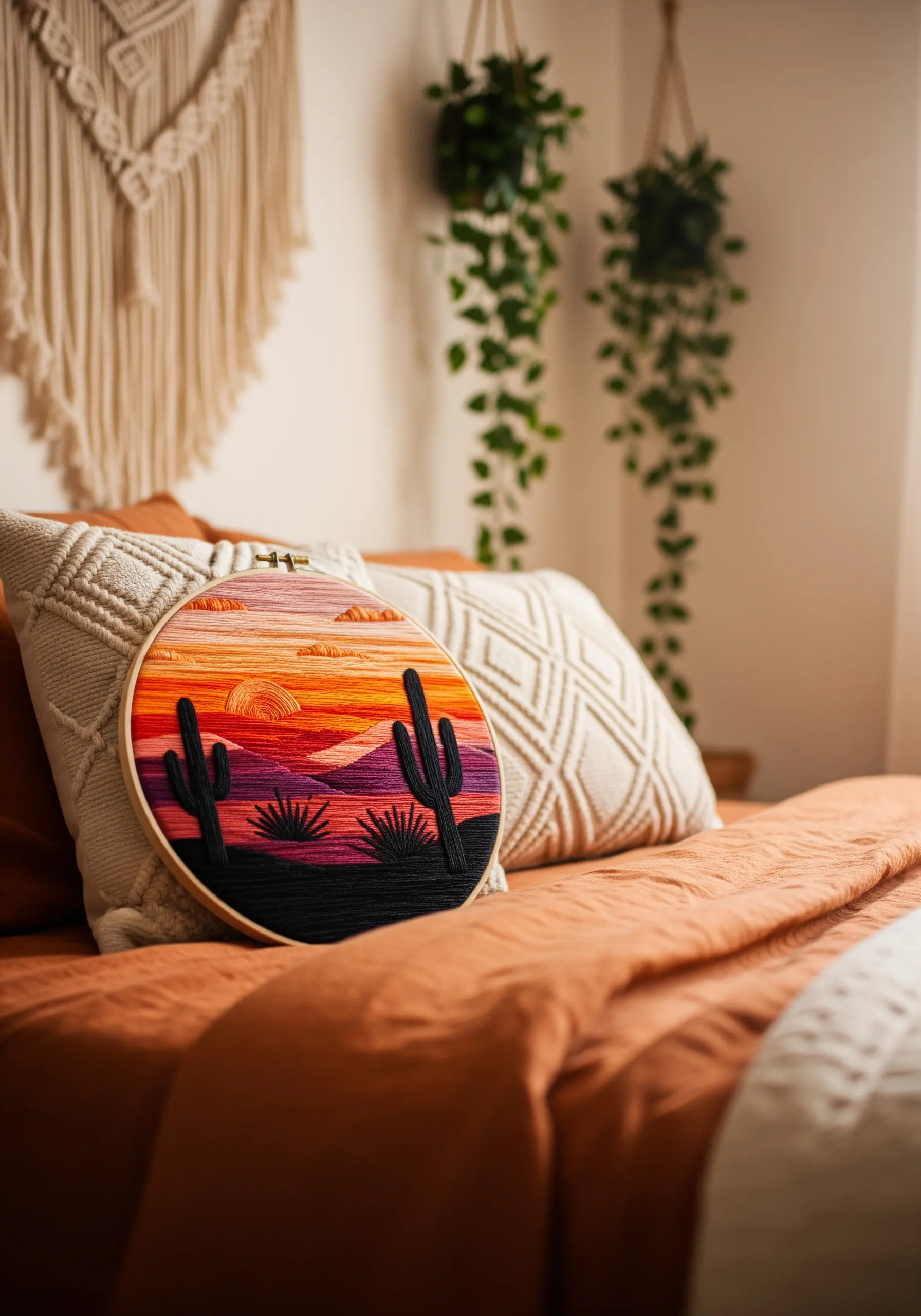Vibrant desert sunset embroidery with layered satin stitch in orange, purple, and pink.