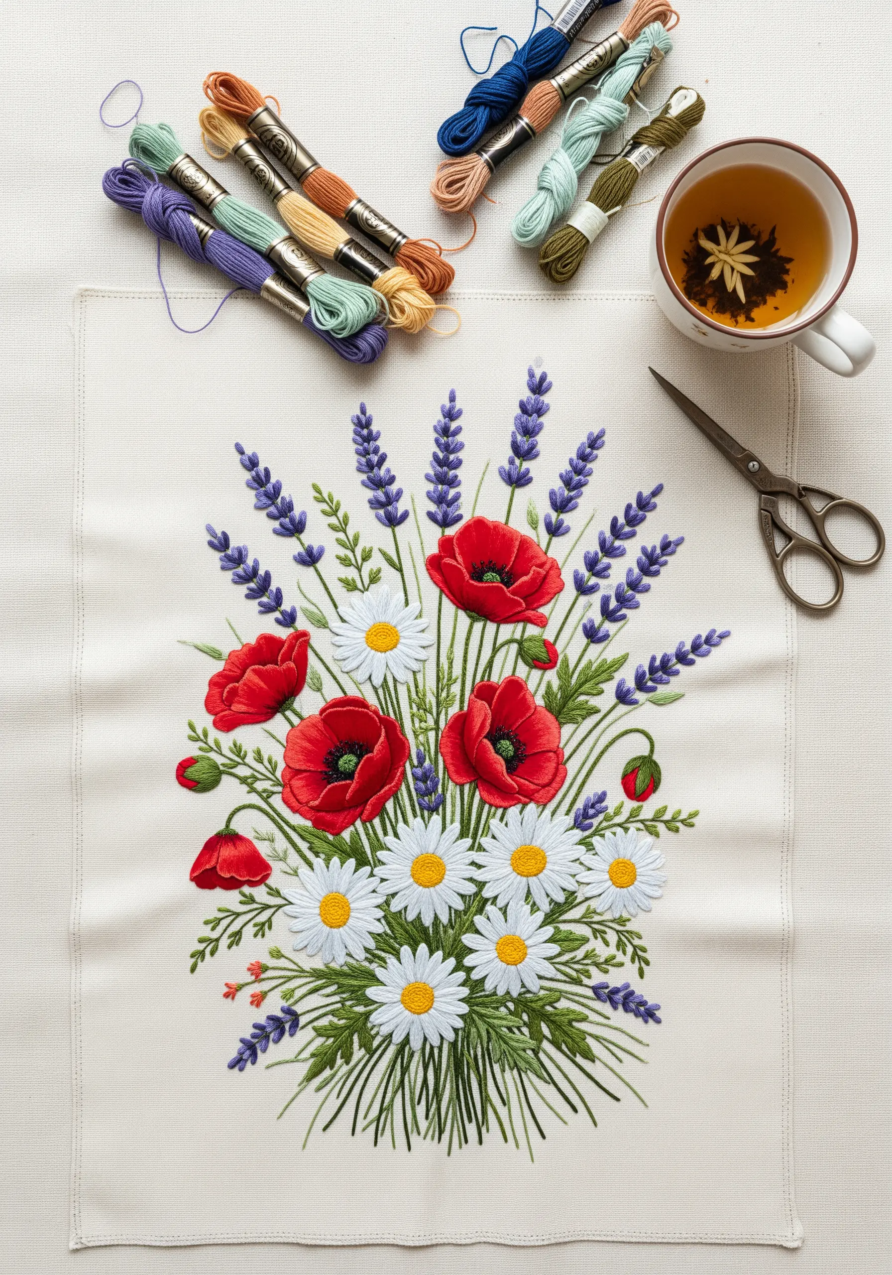 Embroidered bouquet of poppies, daisies, and lavender on a linen tea towel.