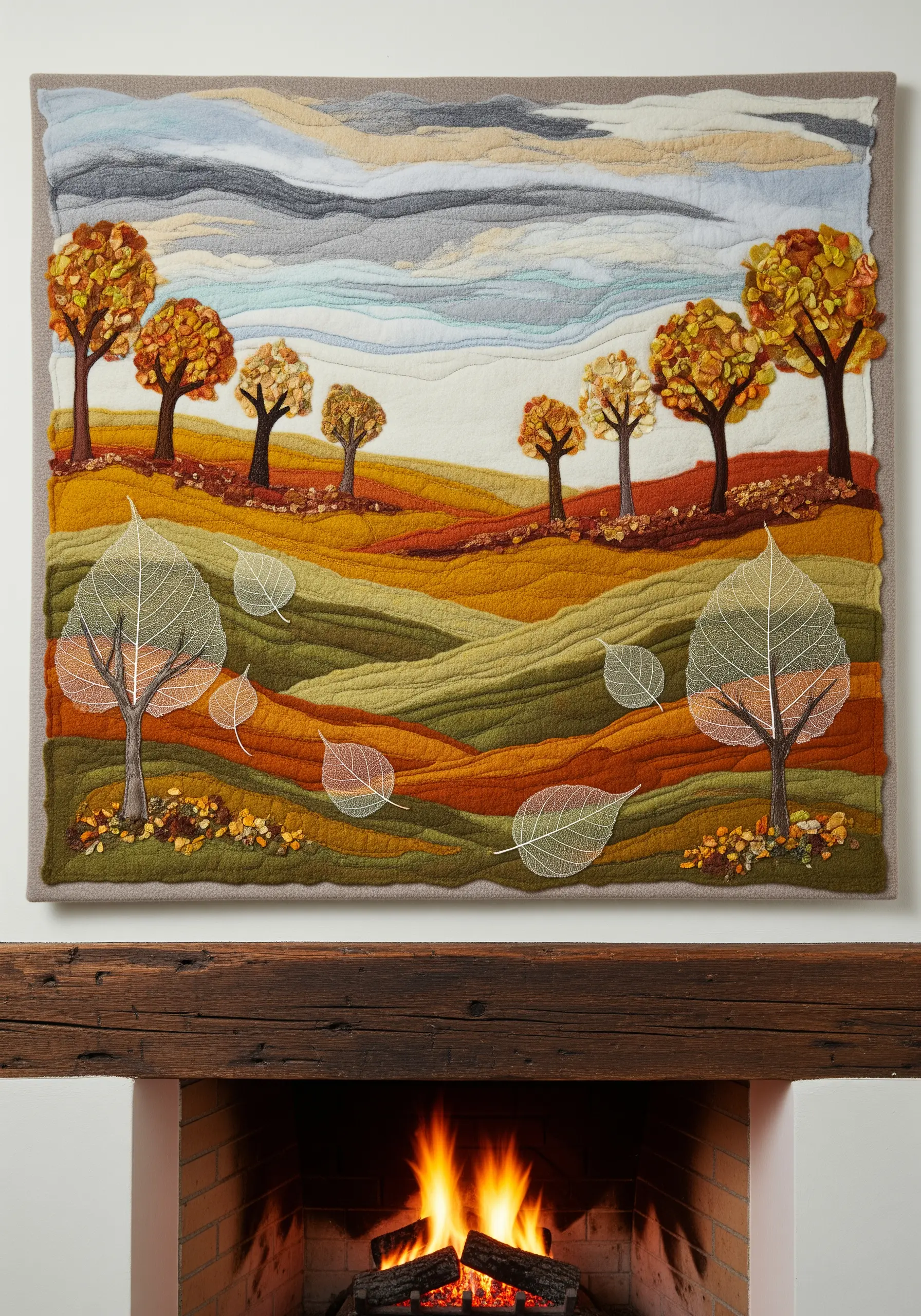 A felted and embroidered autumn landscape tapestry with preserved skeleton leaves.