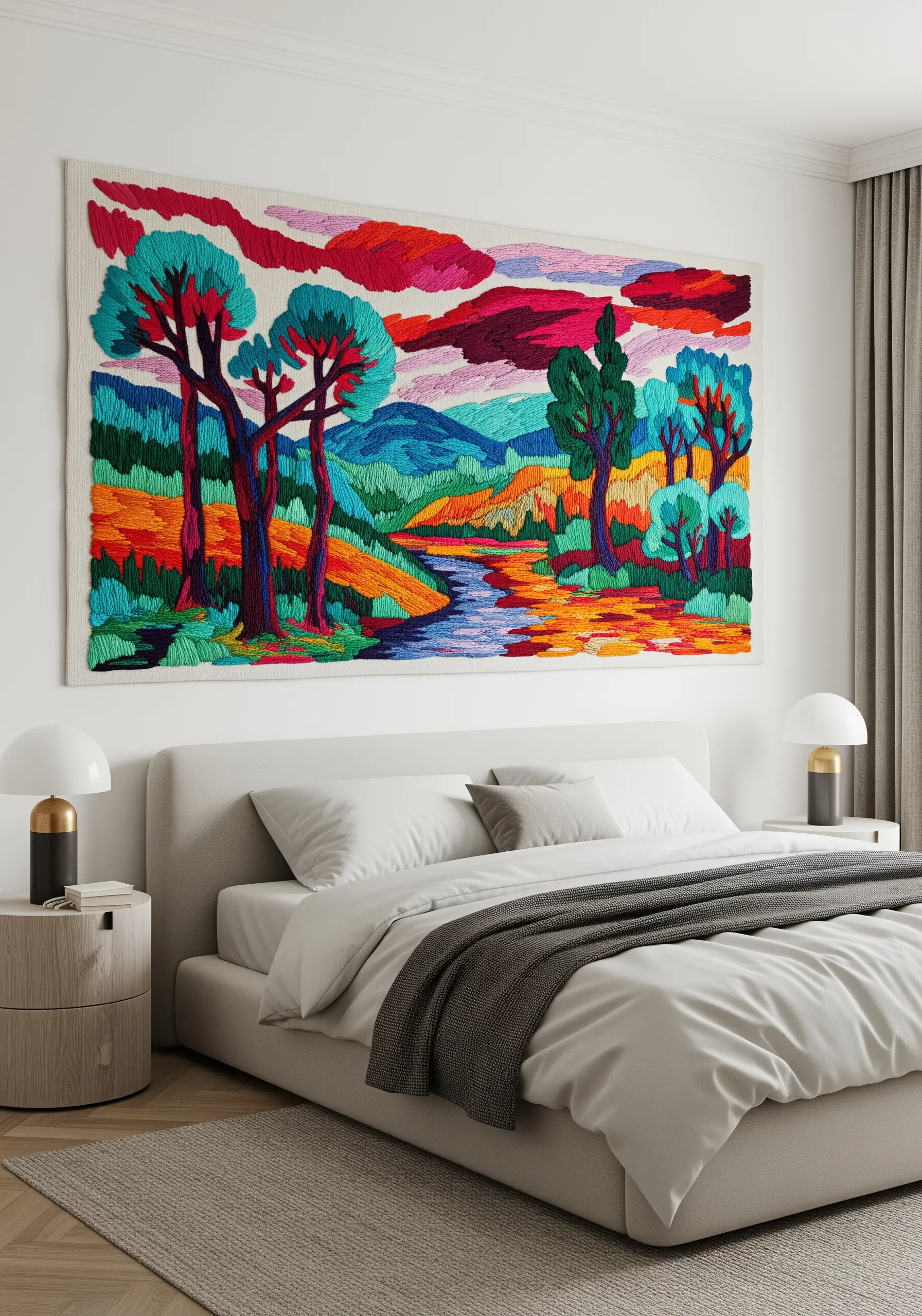 A large, colorful embroidered landscape tapestry with stylized trees and a dramatic sky.