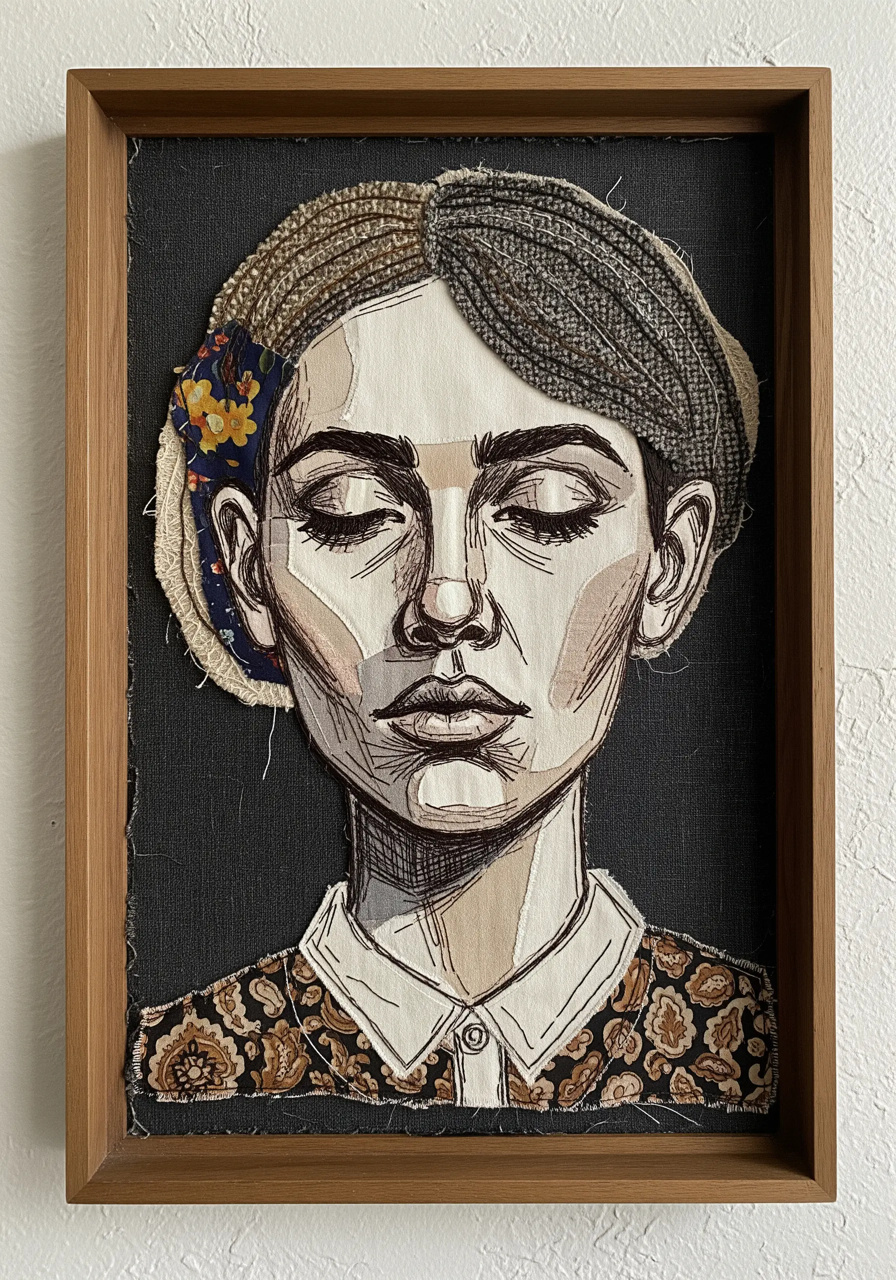A framed portrait of a woman with closed eyes, created with layered fabric scraps and line work.