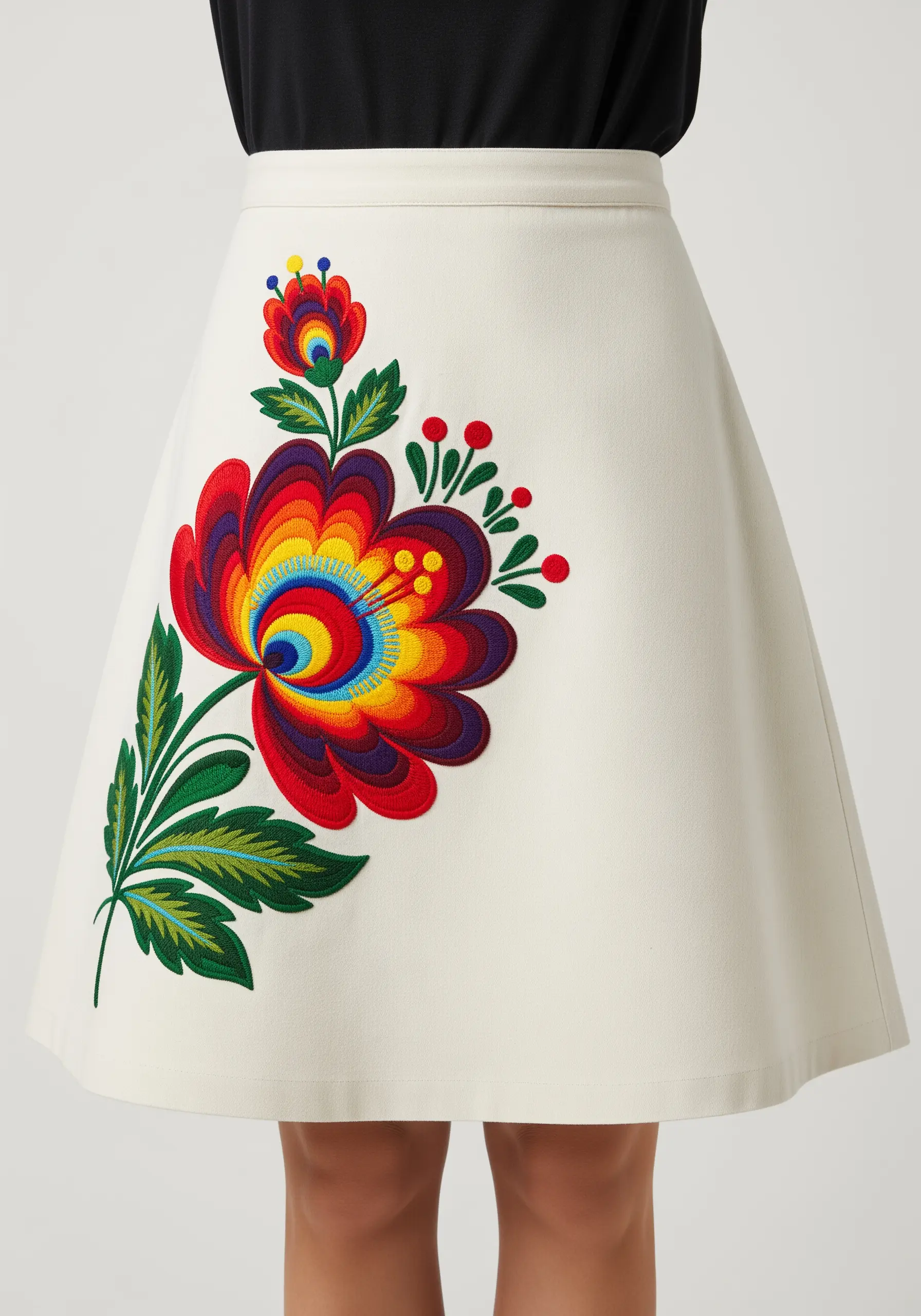 A large, stylized Polish folk art flower with concentric rings of bright colors on a white A-line skirt.