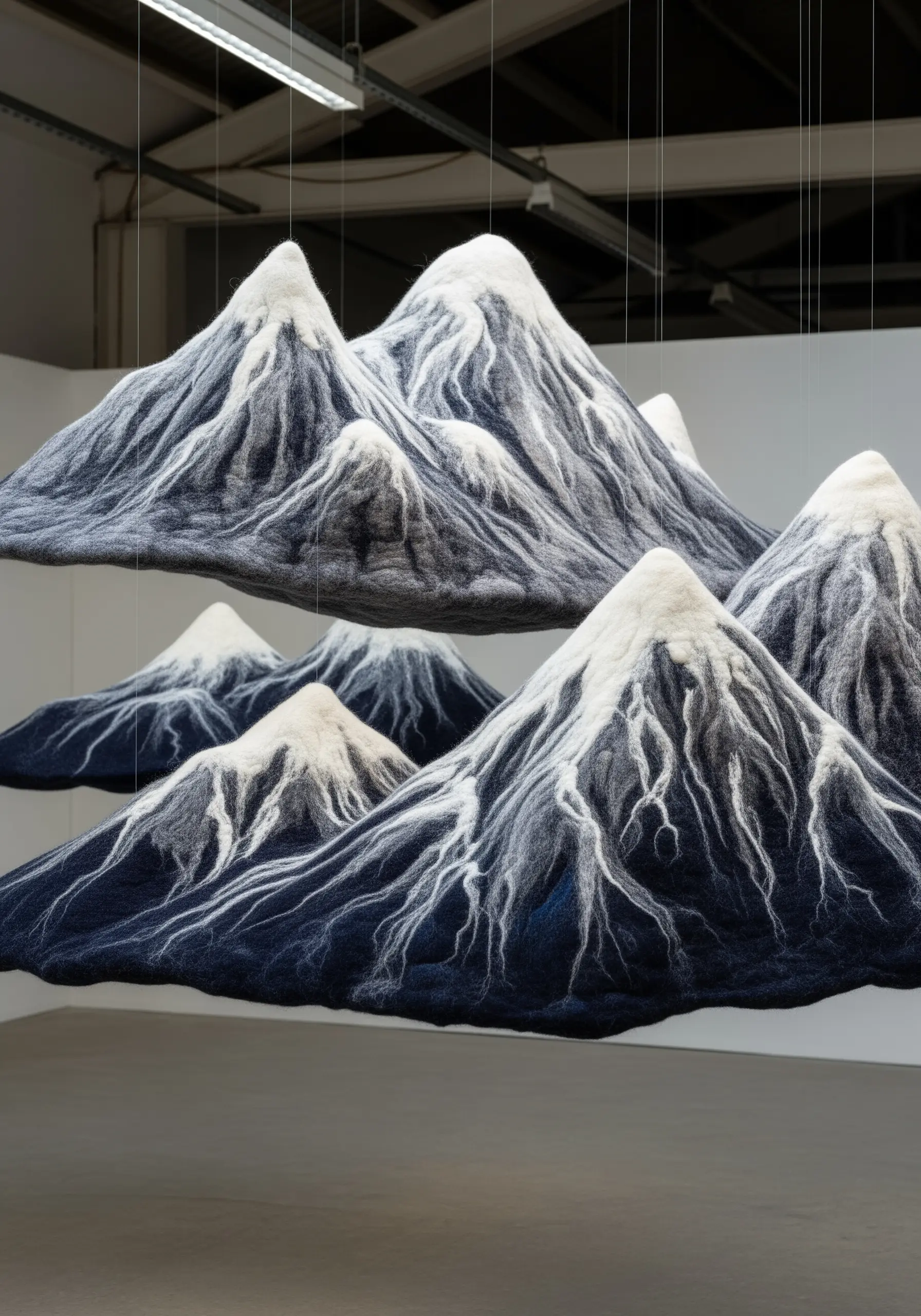 Floating, three-dimensional mountains made from needle-felted wool in shades of dark blue and white.