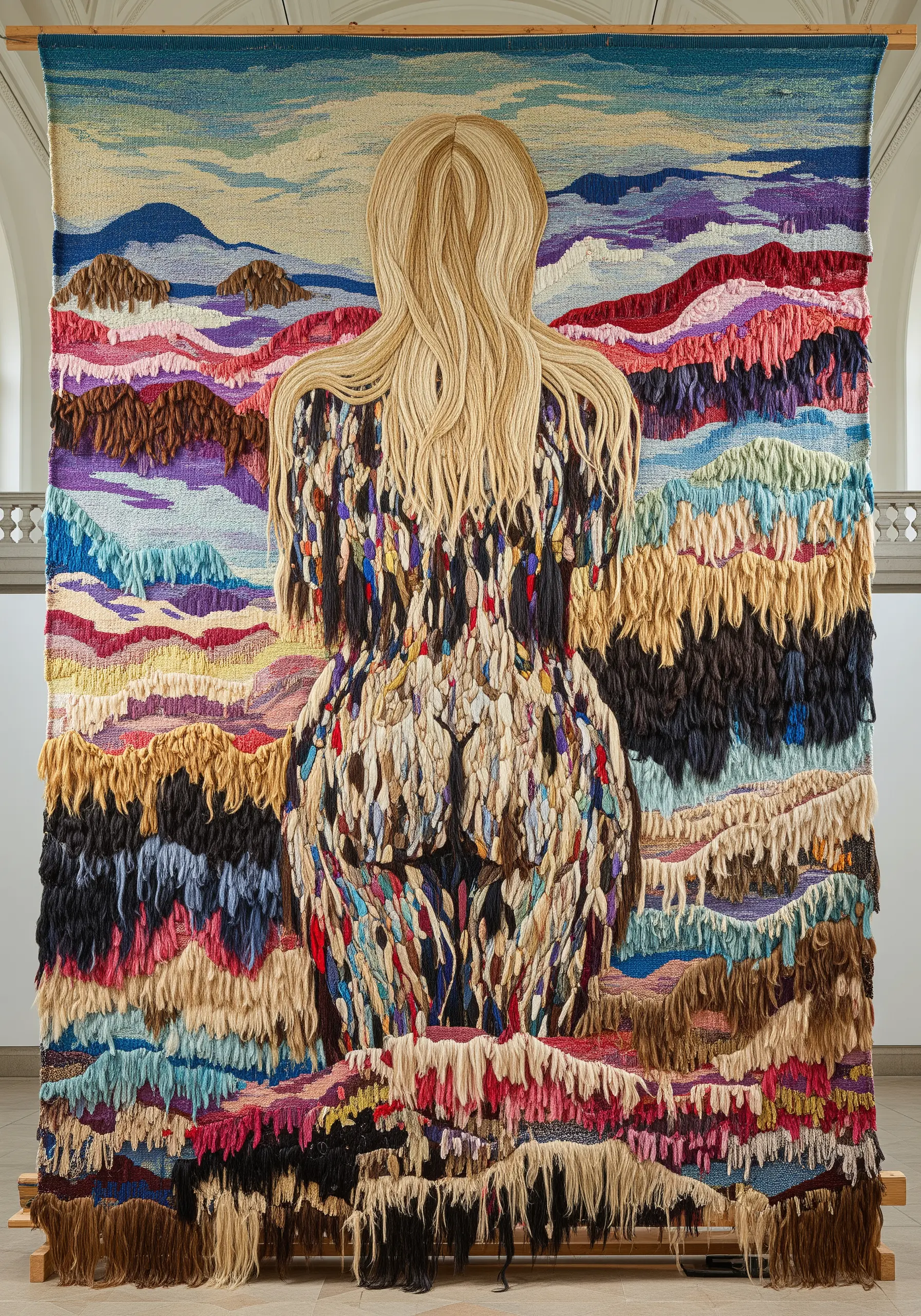 A large, textural shag tapestry depicting the back of a woman with long blonde hair.