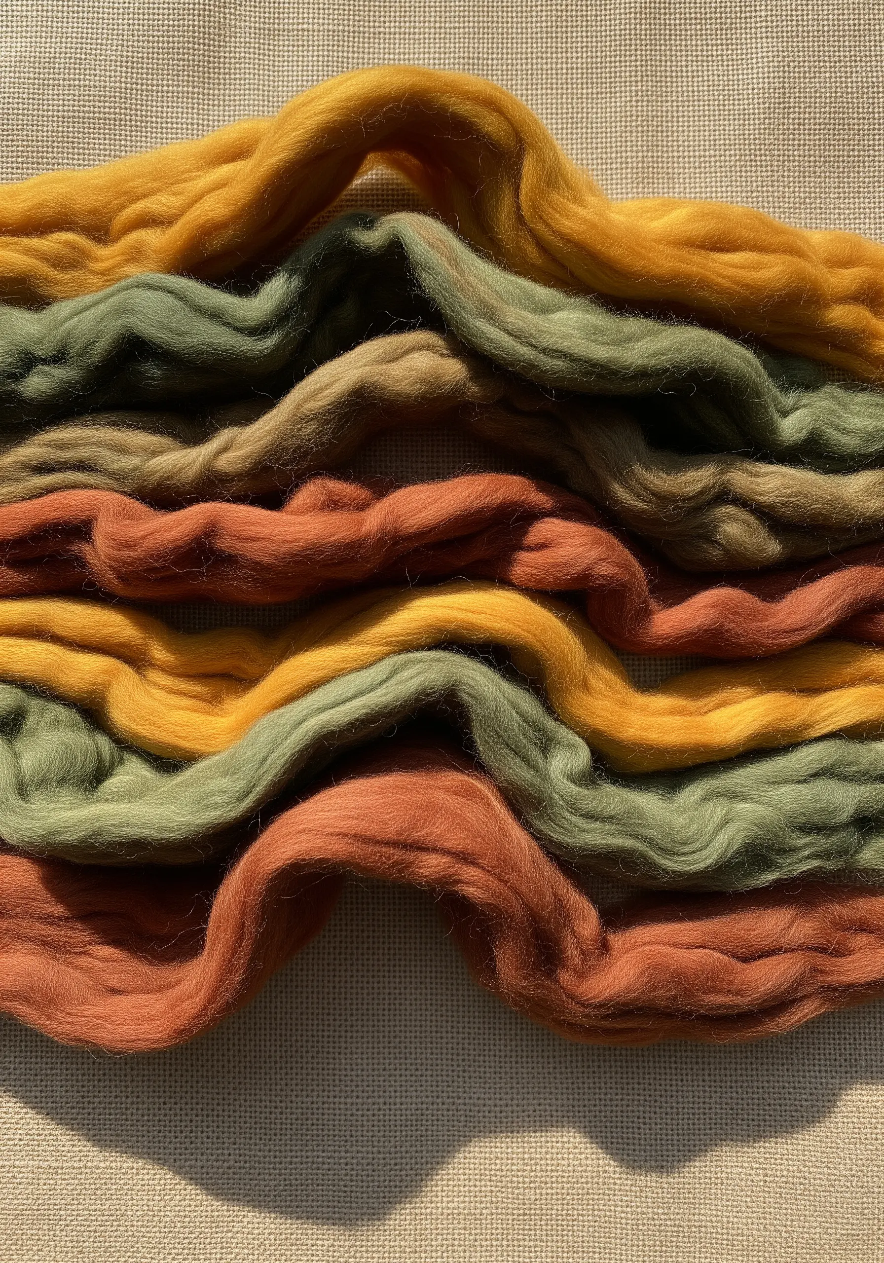 Waves of colorful wool roving in mustard, green, and terracotta creating a soft, abstract landscape.