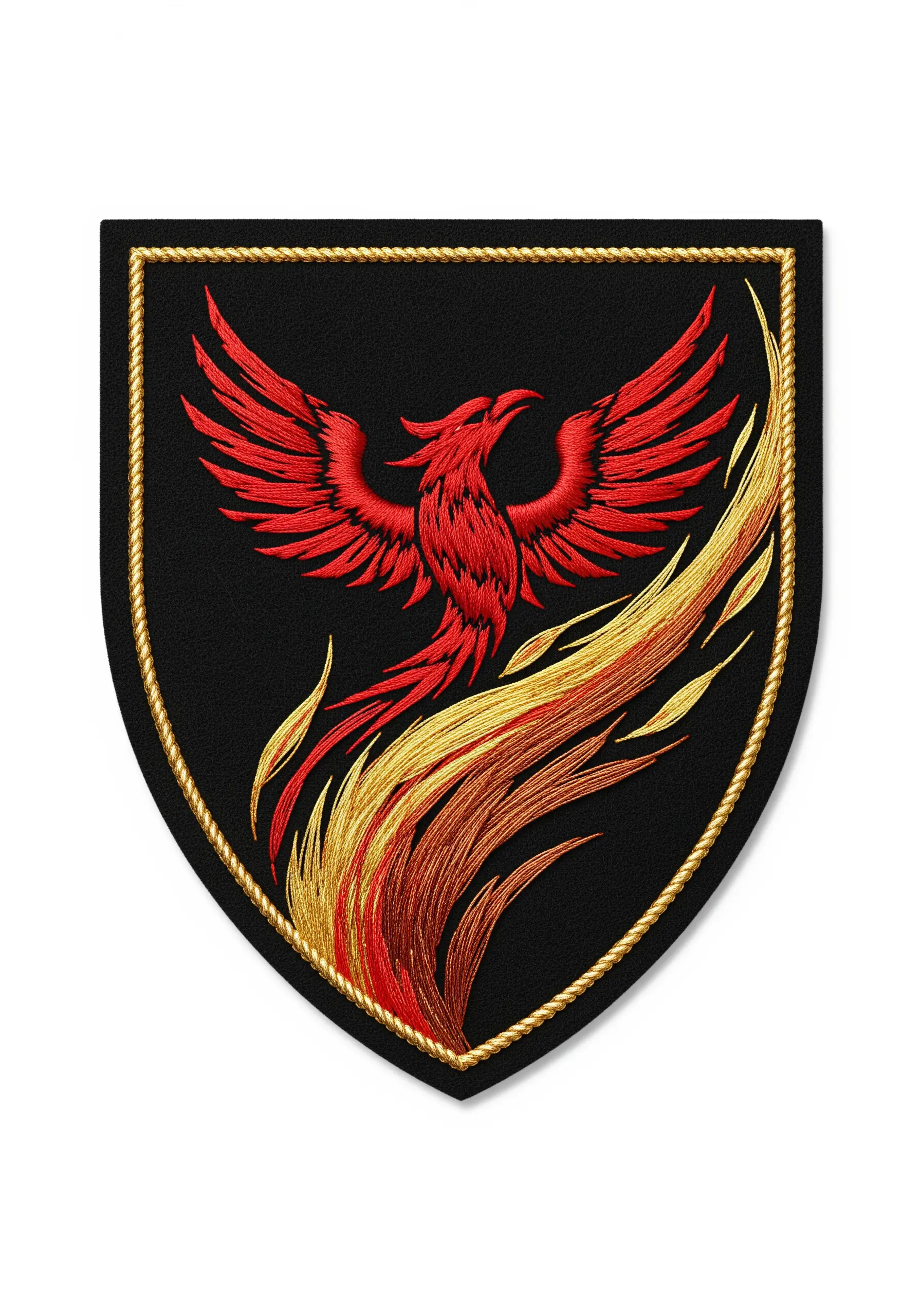 An embroidered patch of a red phoenix with wings spread, rising from metallic gold and orange flames.