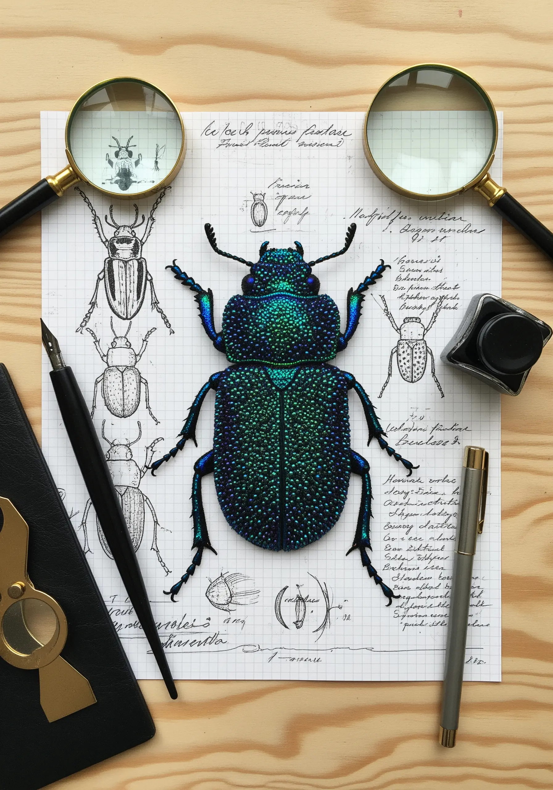 An iridescent beetle created entirely with dense green and blue French knots on scientific illustration paper.