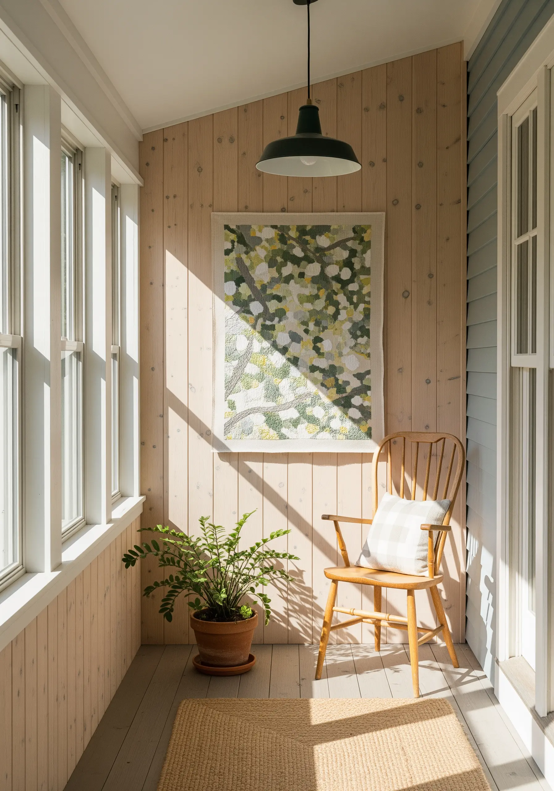 An abstract embroidered wall hanging that mimics dappled light through leaves.