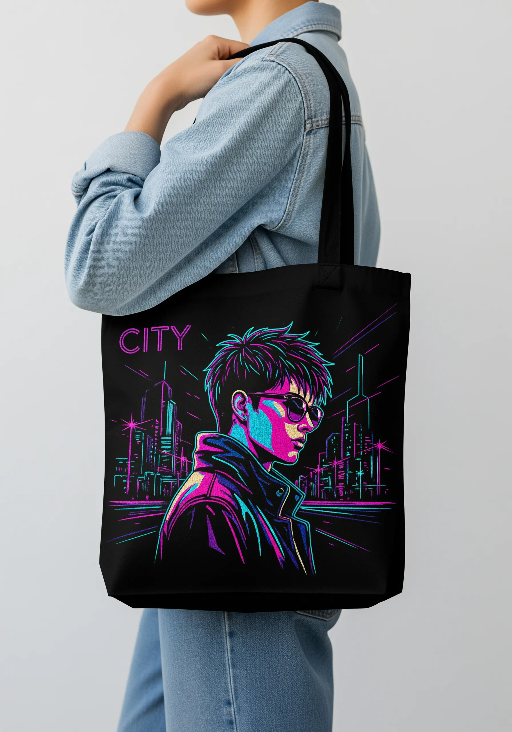 A cyberpunk-style character embroidered with vibrant neon thread painting on a black tote bag.