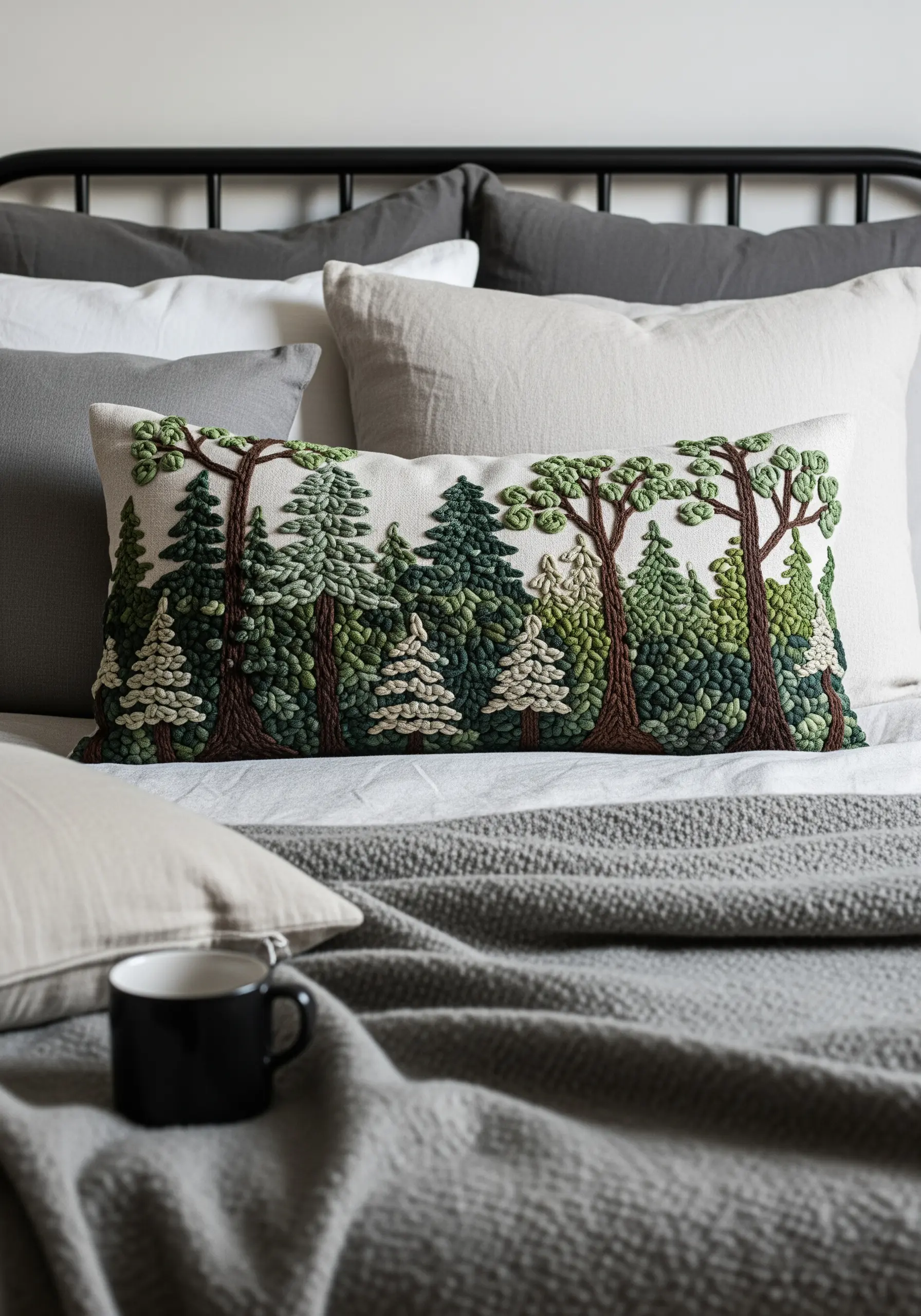 Lumbar pillow with an embroidered forest scene created with textured French knots.