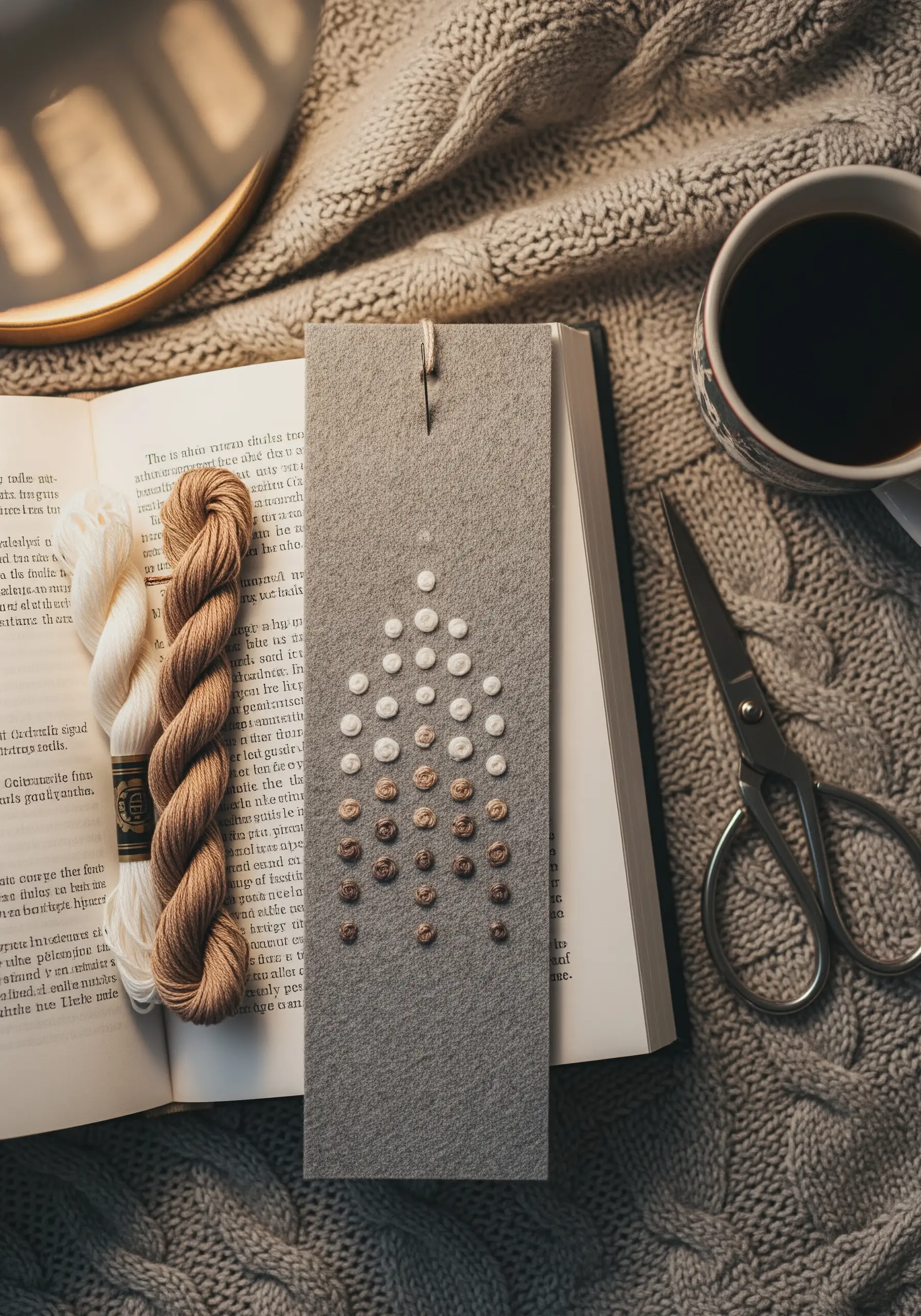 A felt bookmark decorated with a tree made of French knots in a brown-to-white gradient.