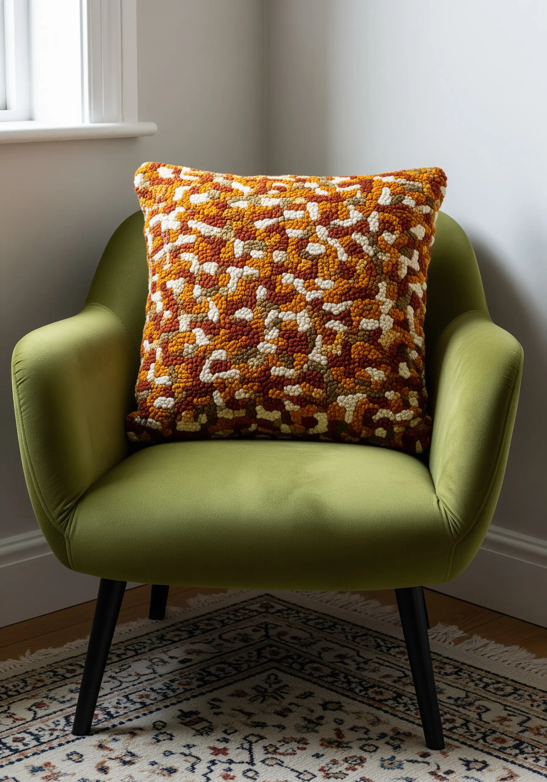 Abstract punch needle pillow with dense loops in warm, earthy tones.