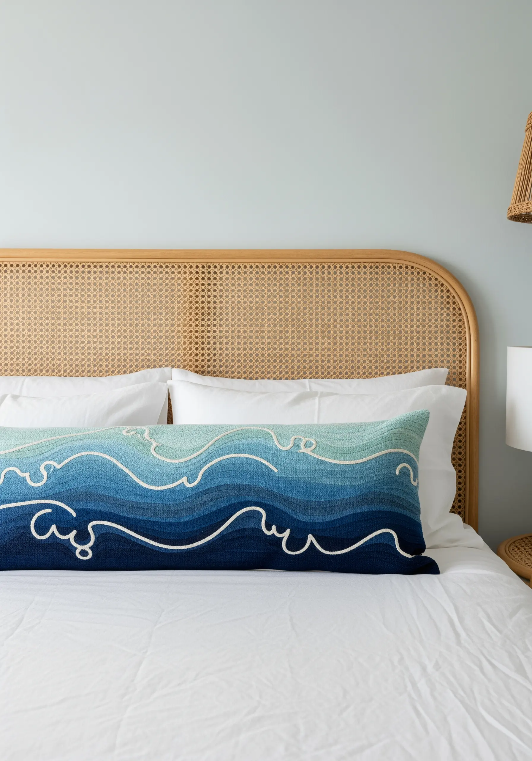 A long lumbar pillow with an embroidered blue and green wave gradient.