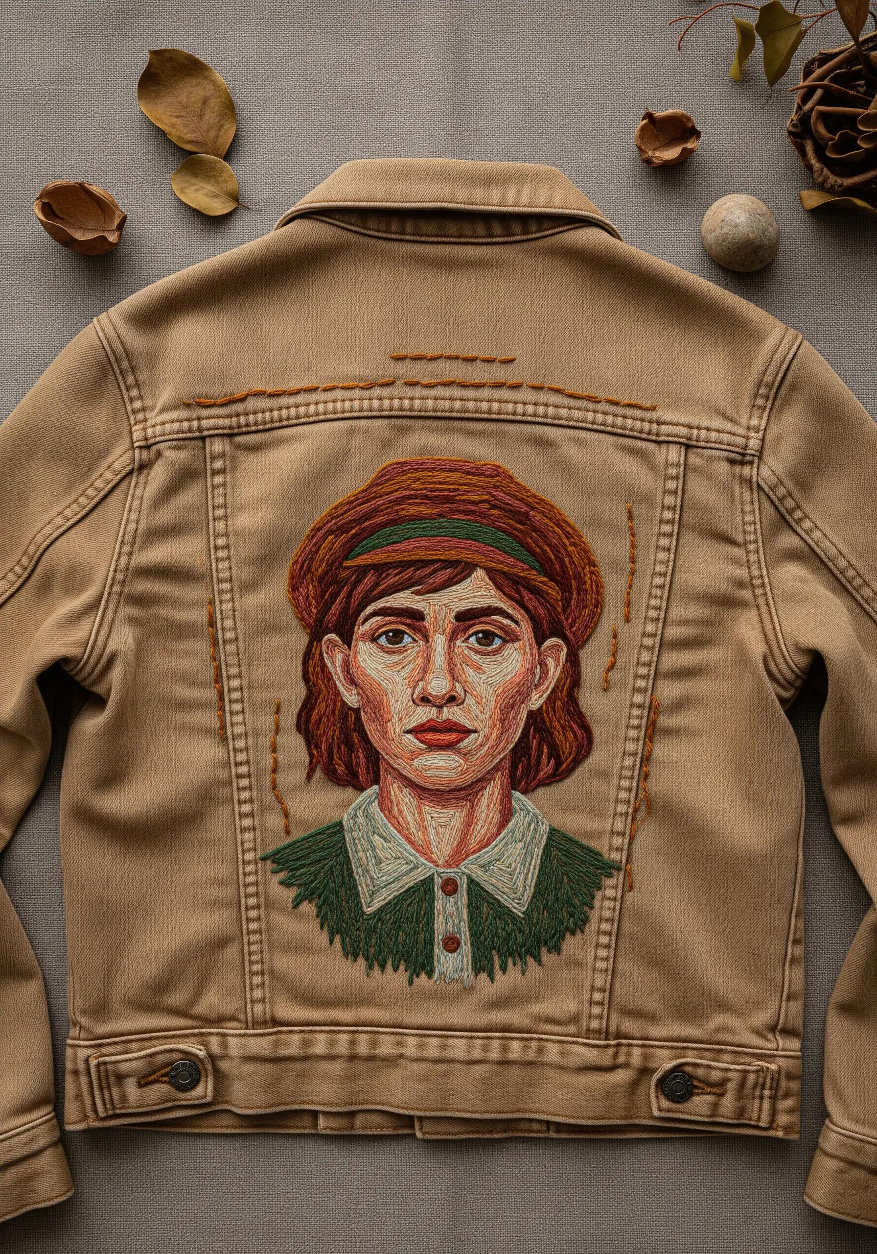 A detailed, thread-painted portrait of a woman in a hat on the back of a beige jacket.