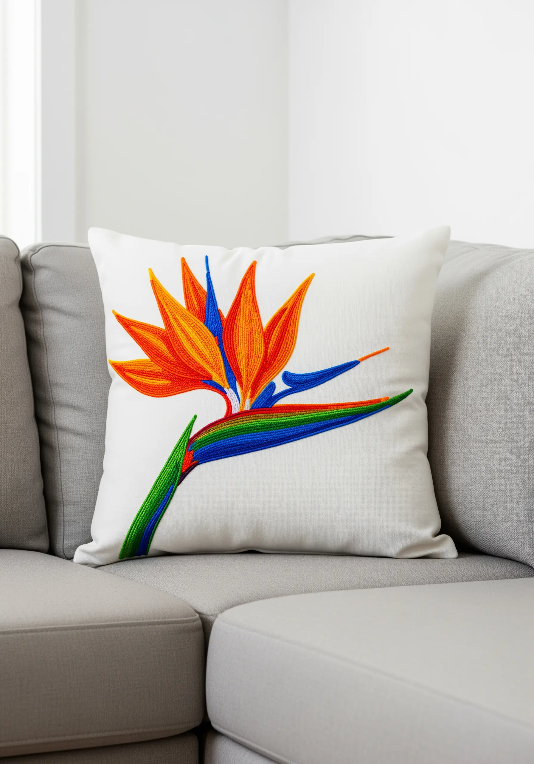 Bold, thread-painted Bird of Paradise flower with vibrant color blending on a white pillow.