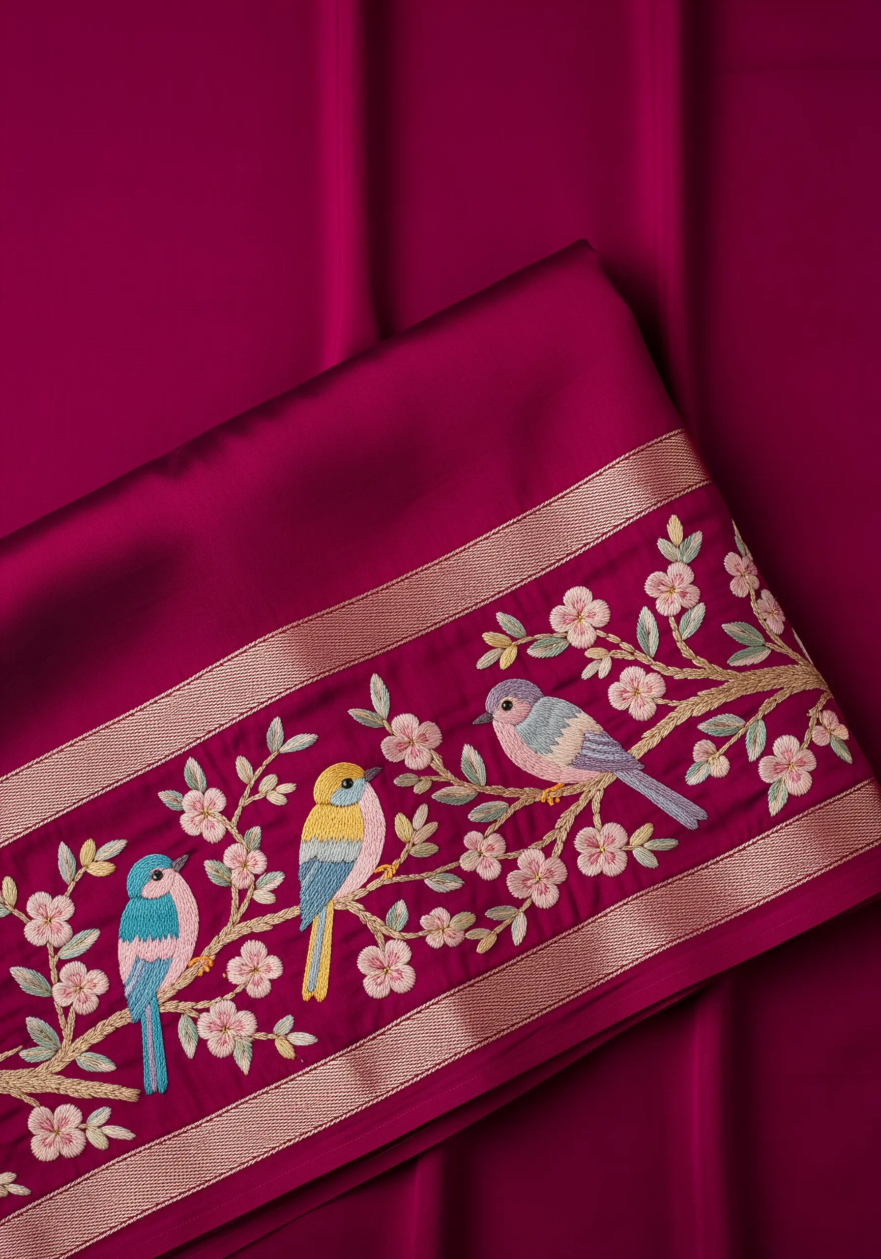 Delicate embroidery of three birds on a flowering branch, featured on the border of a magenta silk fabric.