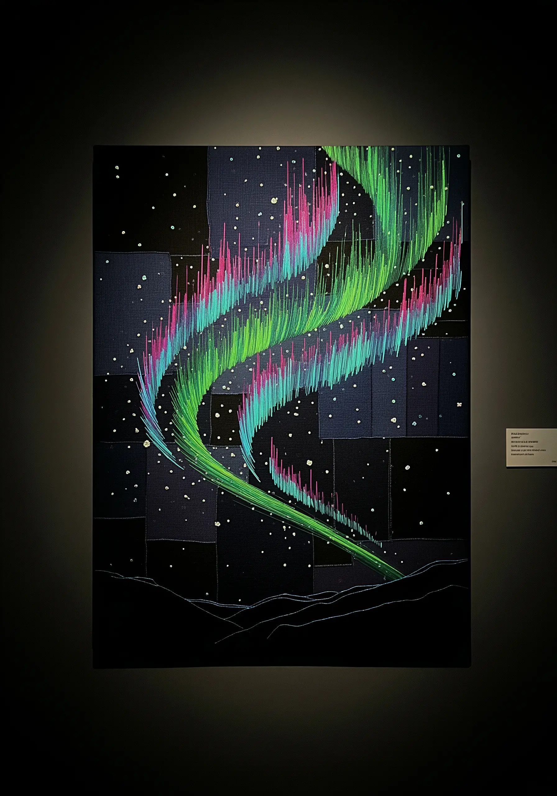 Embroidery of the aurora borealis using vertical thread painting on a dark patchwork background.