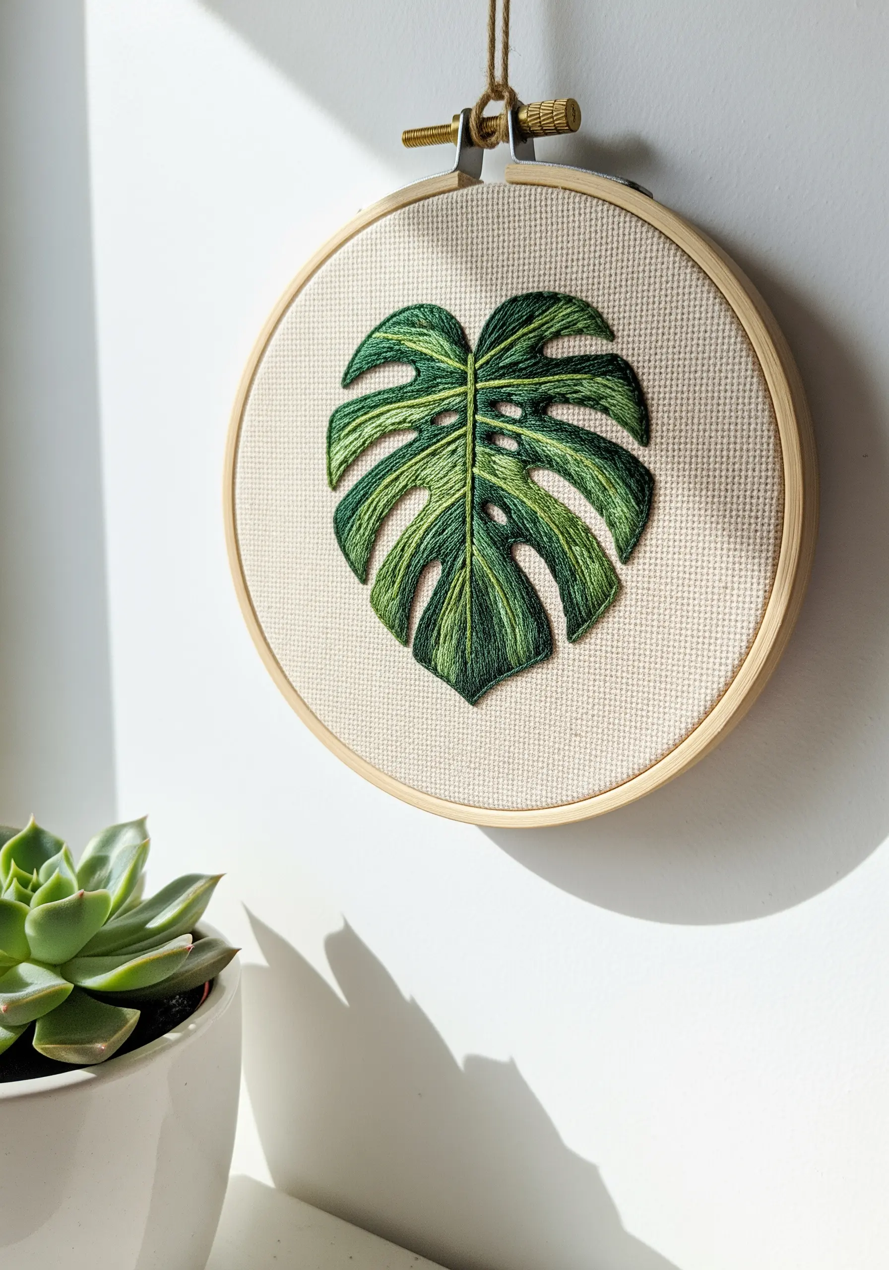 An embroidered monstera leaf with realistic green shading in a wooden hoop.