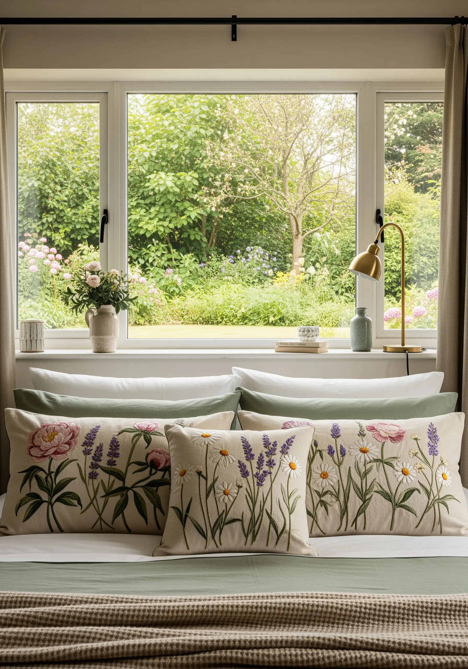 Lumbar pillows on a bed with highly detailed, realistic embroidery of peonies, lavender, and daisies.