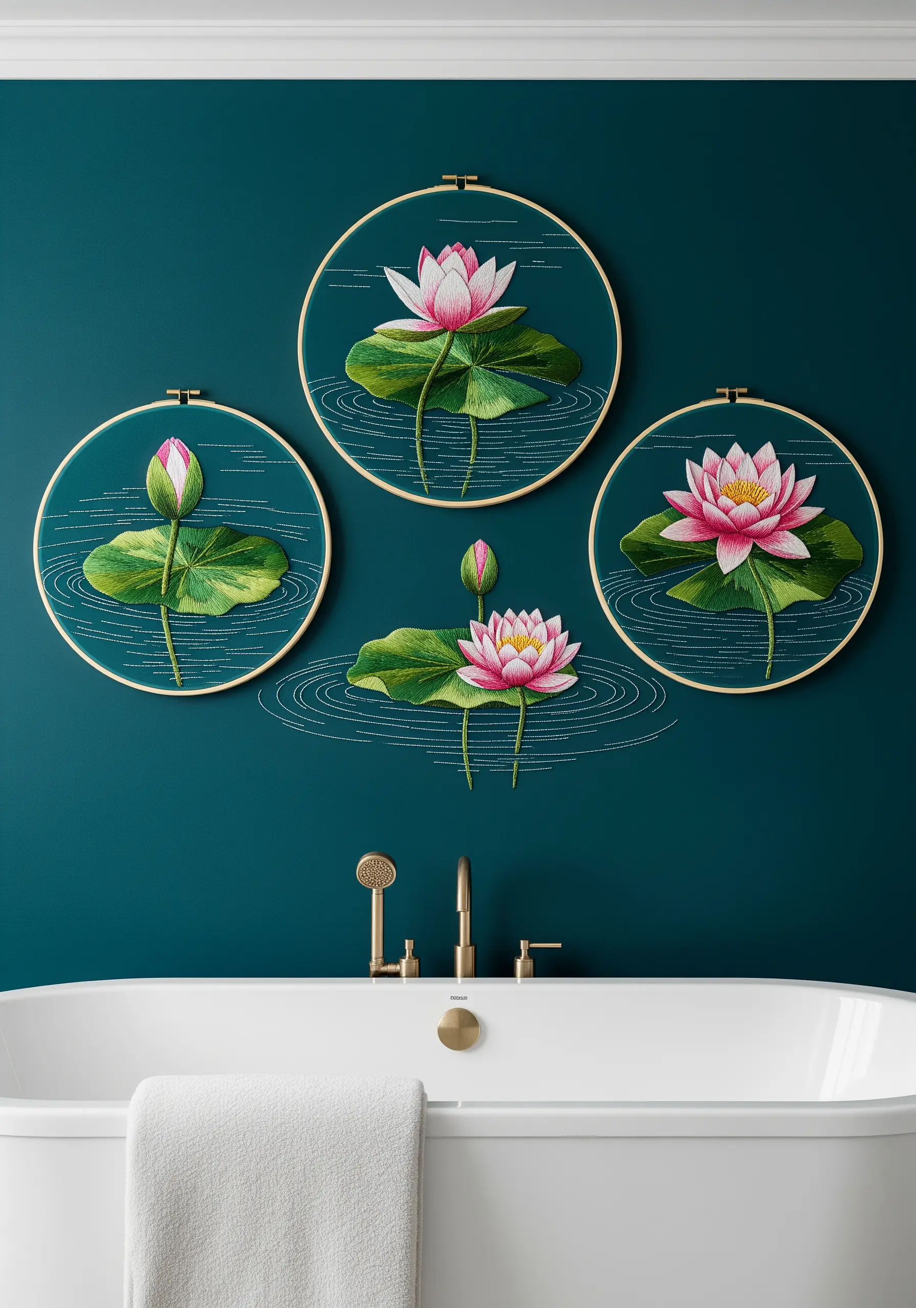 A trio of embroidered water lilies with painterly pink petals and subtle water ripples on a dark teal wall.