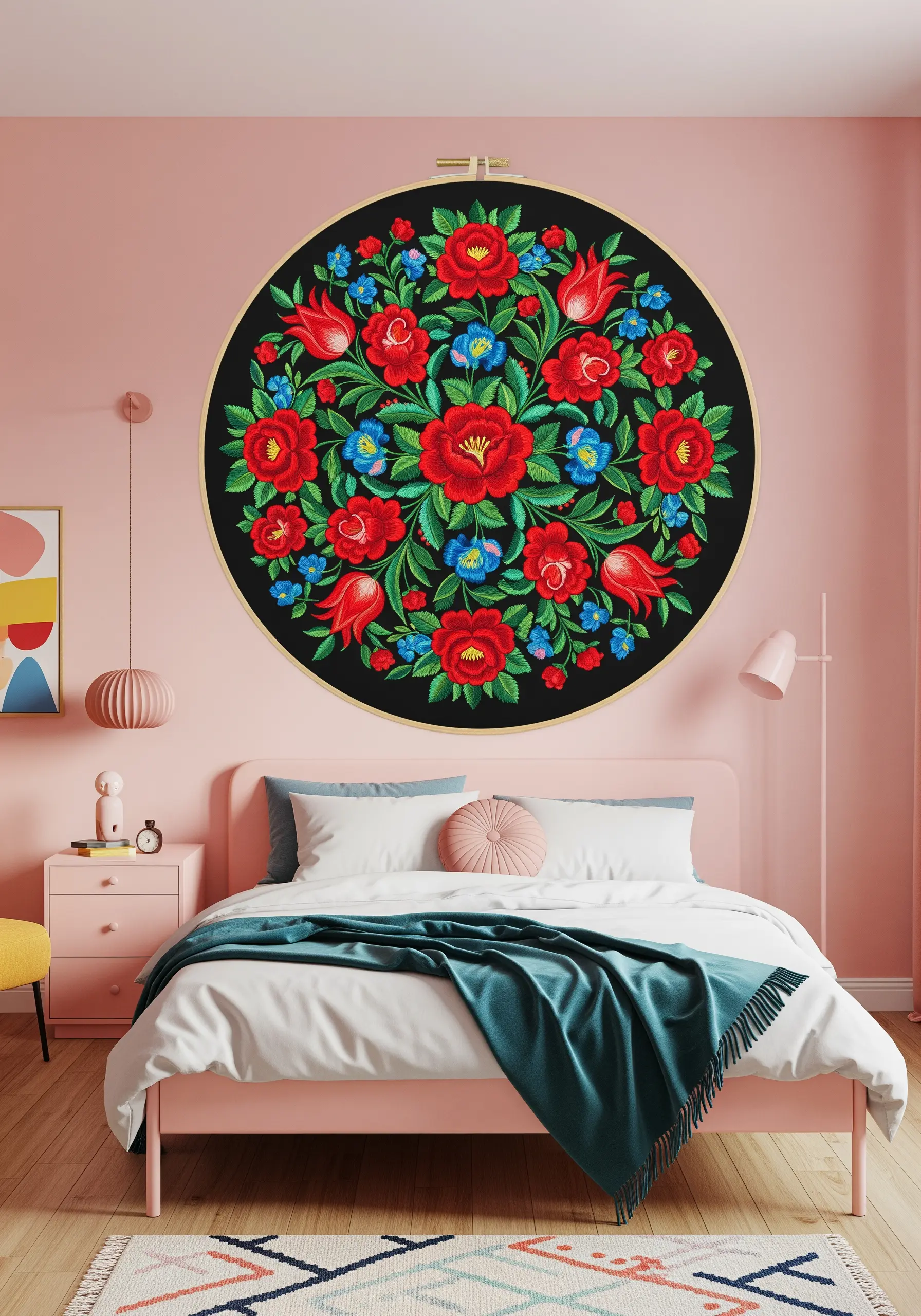 Large hoop with Polish folk art embroidery, featuring vibrant red and blue flowers on black fabric.