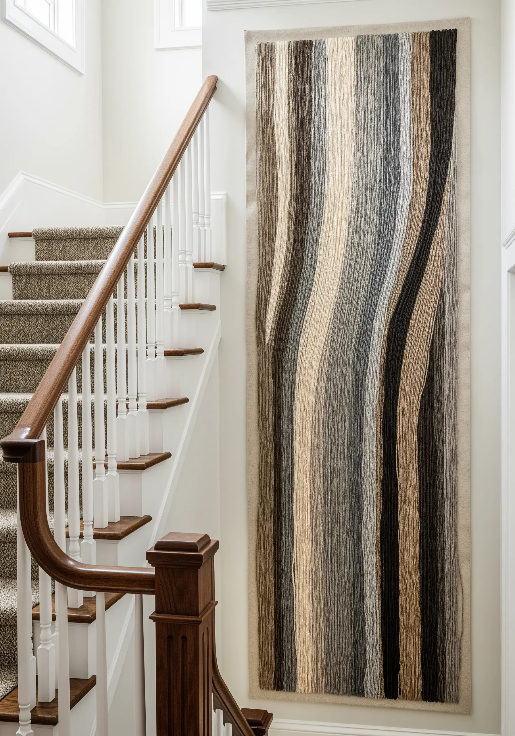 A large wall tapestry with vertical threads in a gradient of neutral colors.