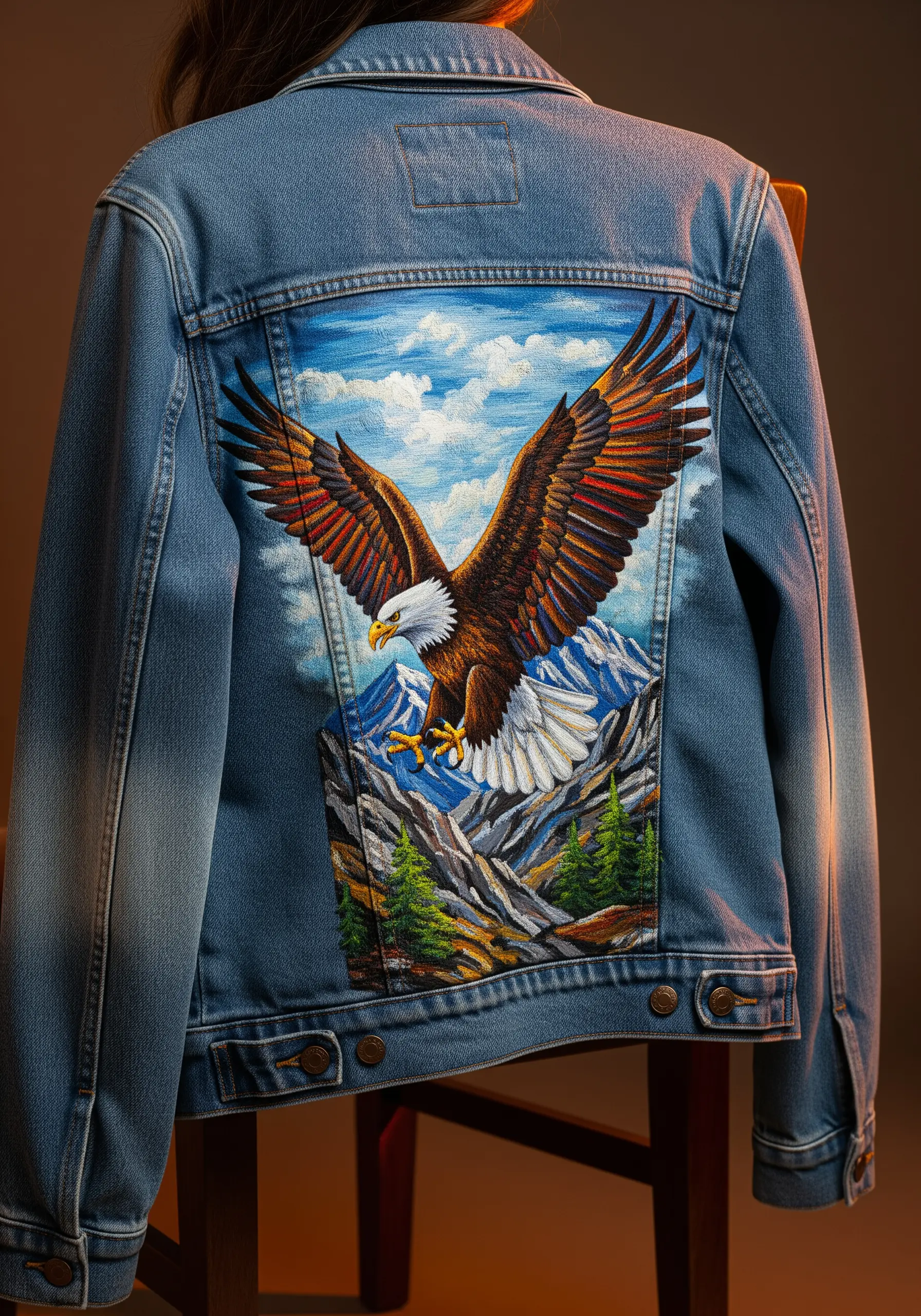 A detailed embroidered eagle with wings spread, stitched onto the back of a denim jacket.