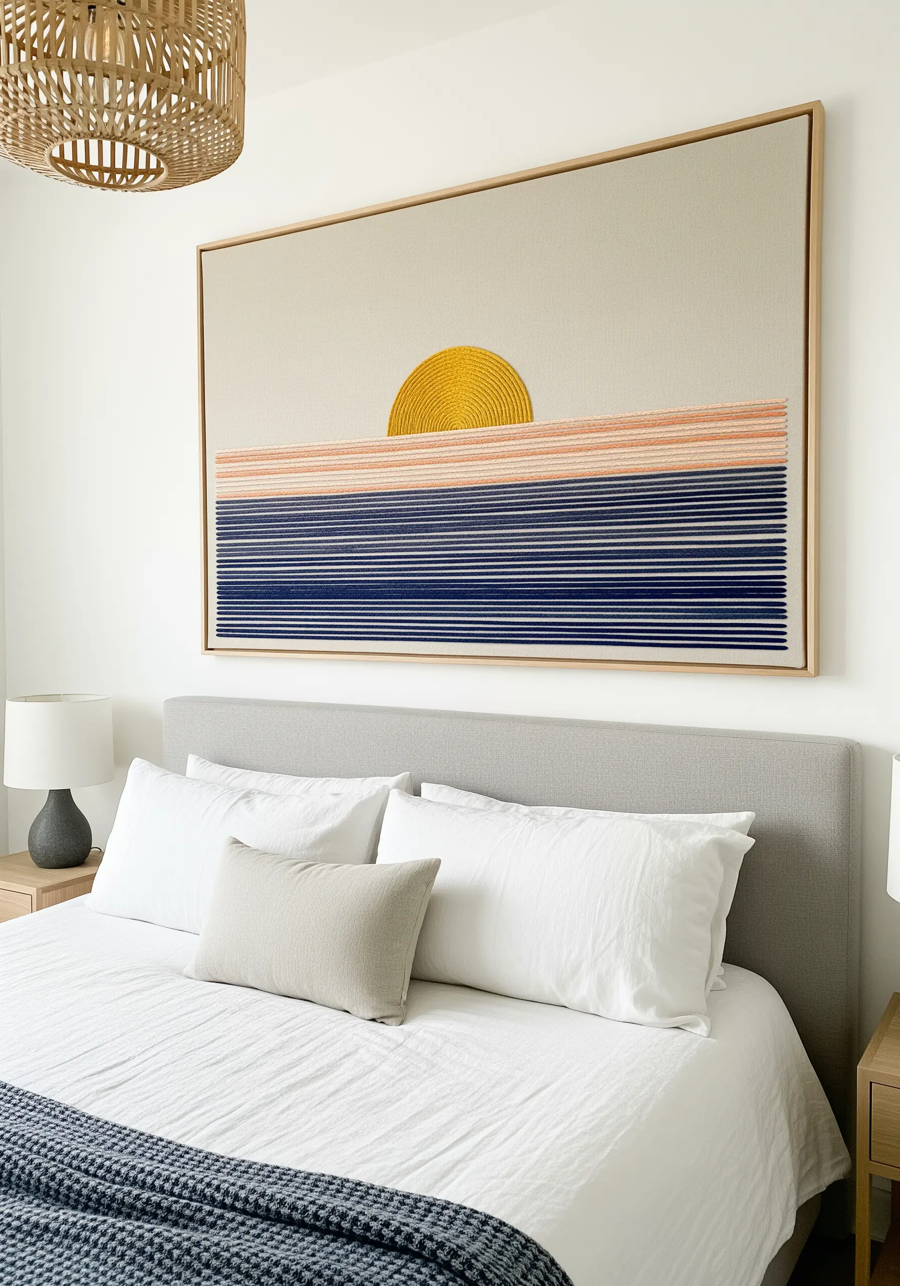 Large framed textile art of a sunset over the sea using straight stitches.