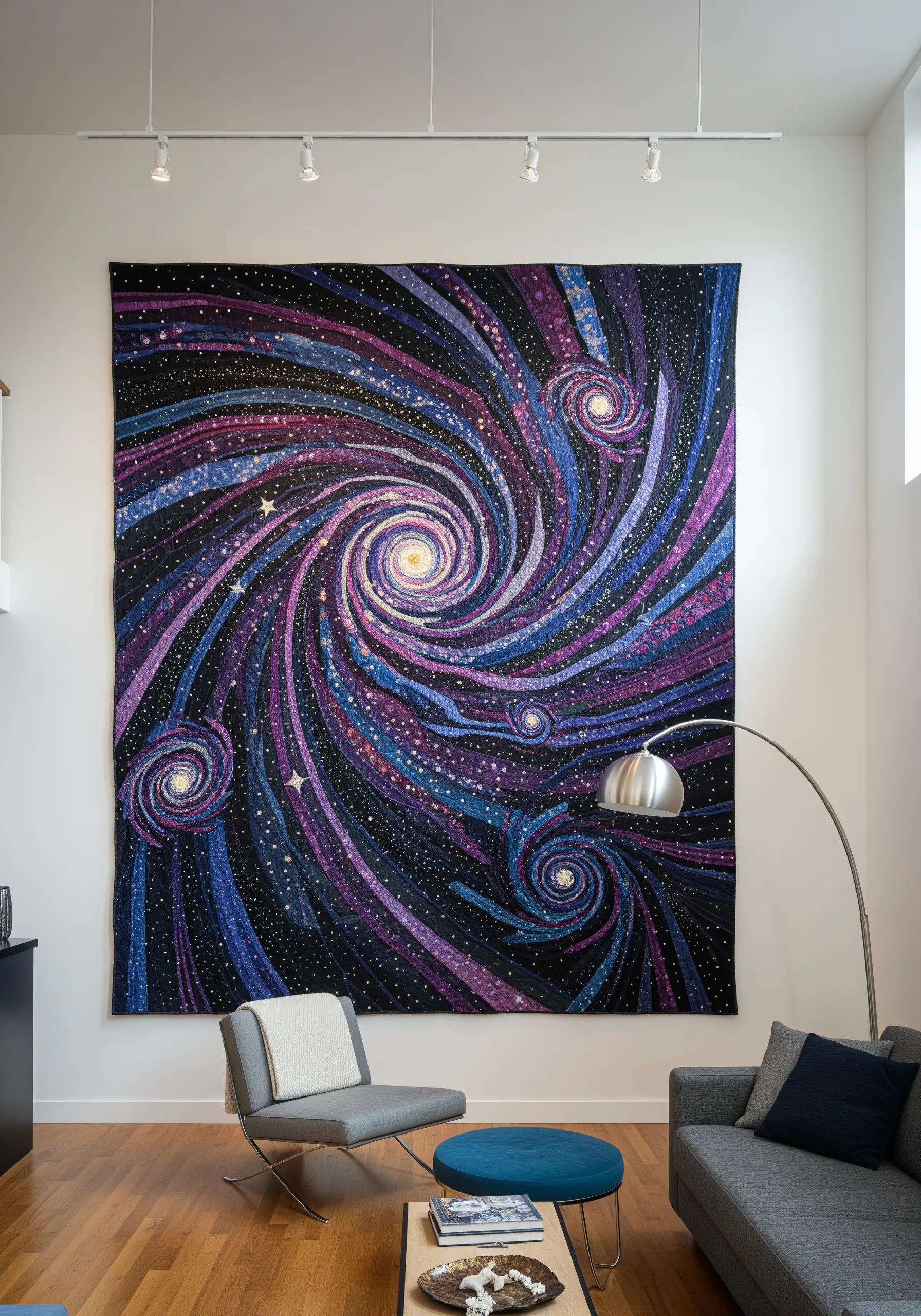 A massive quilted wall hanging of a swirling galaxy in shades of purple, blue, and black.